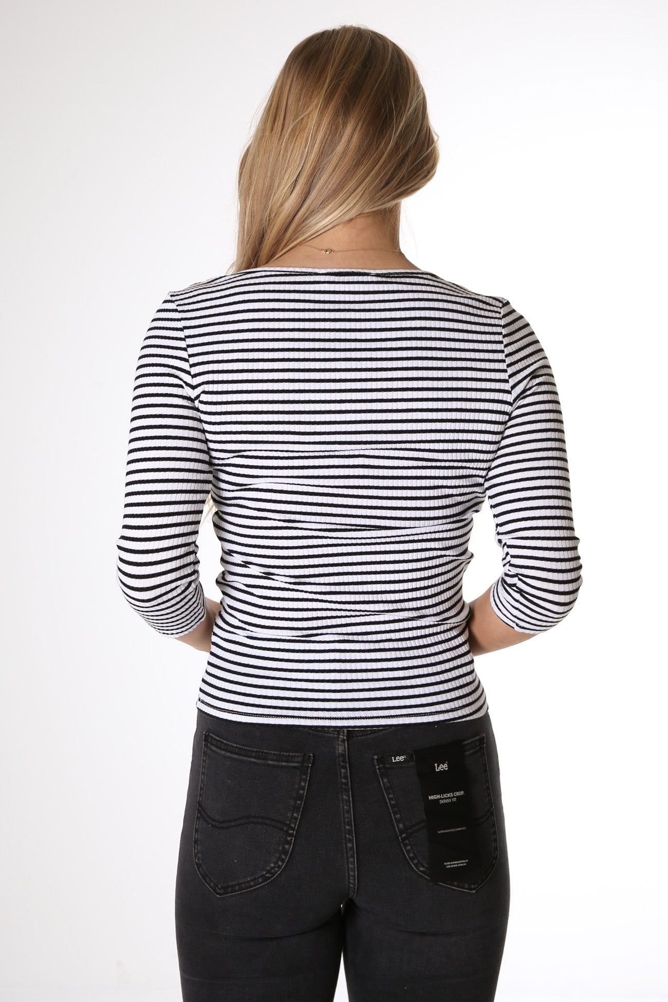 Rosa 3/4 Sleeve Rib Top White Black Stripe