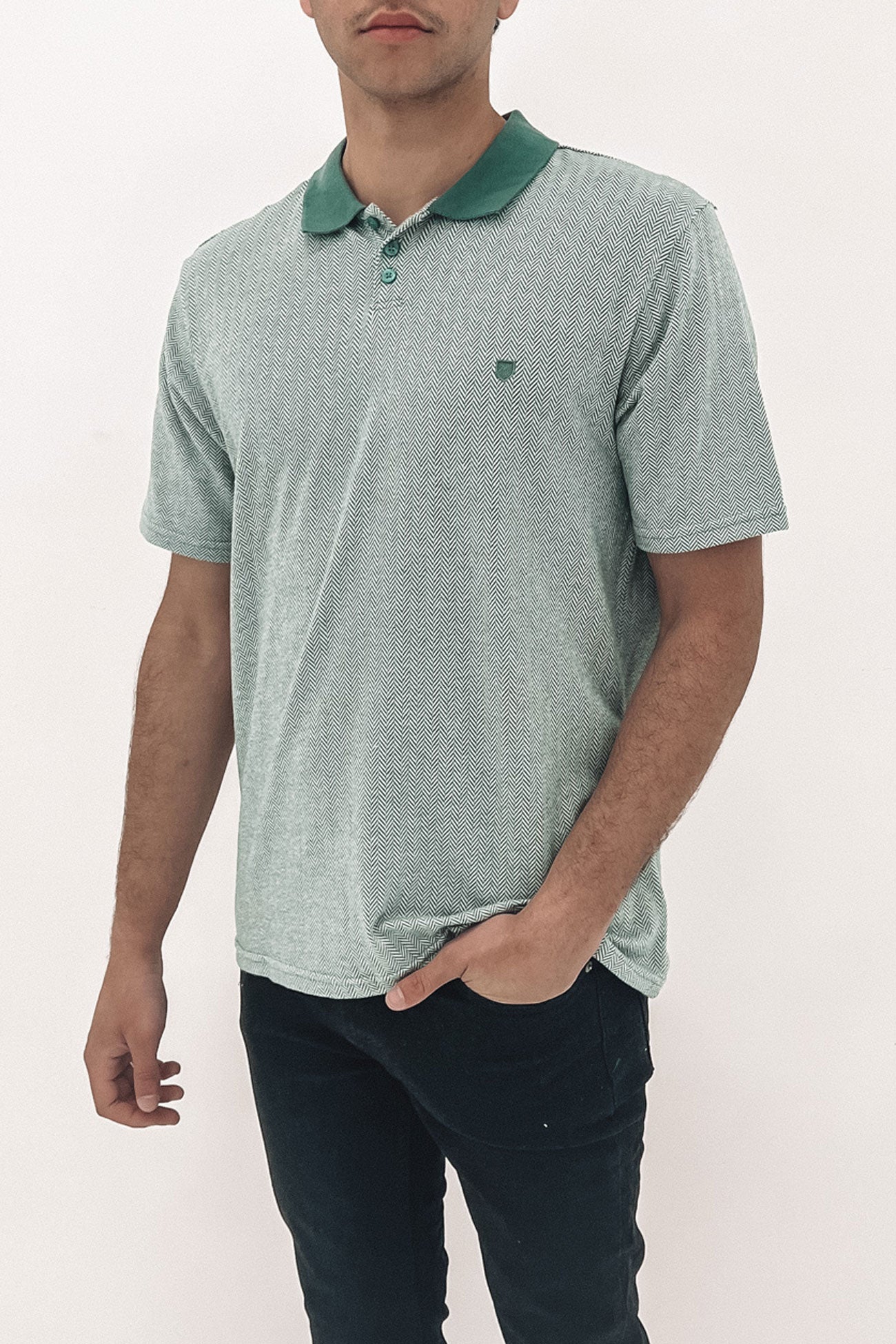 Shield Herringbone Short Sleeve Polo Knit Dark Forest