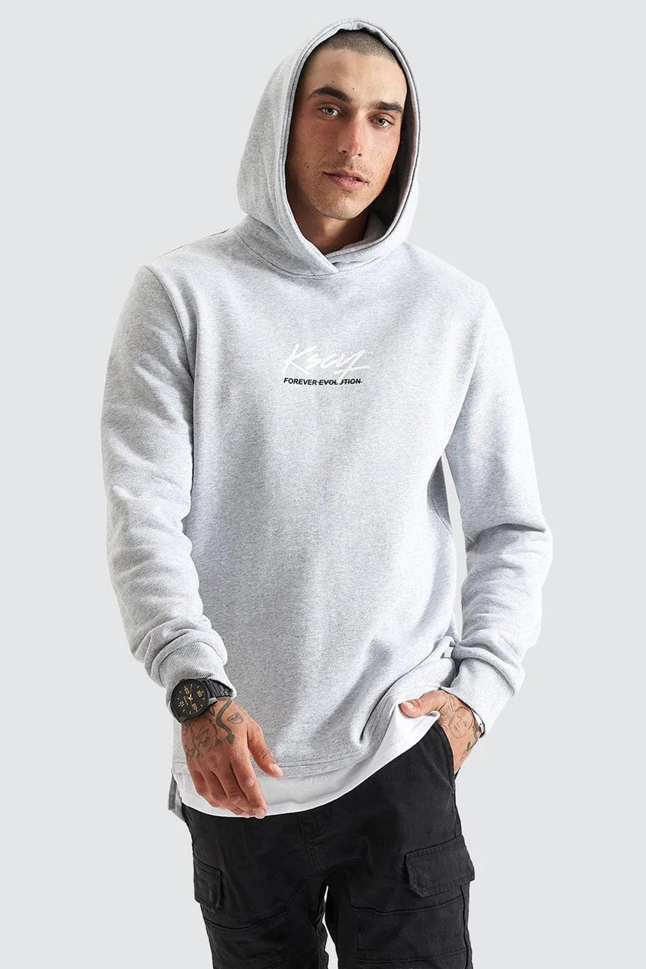 Trevor Hooded Layered Dual Curved Sweater Grey Marle