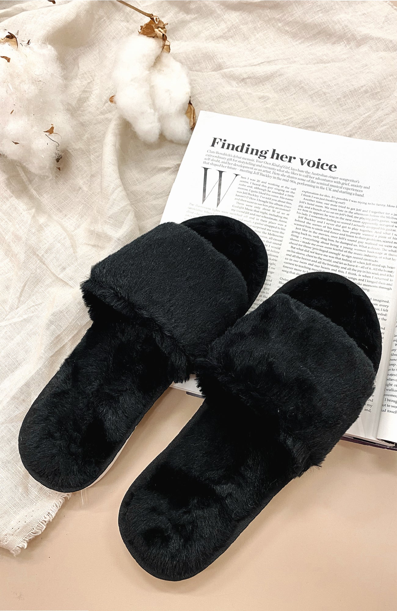 Serenity Fluffy Slides Black