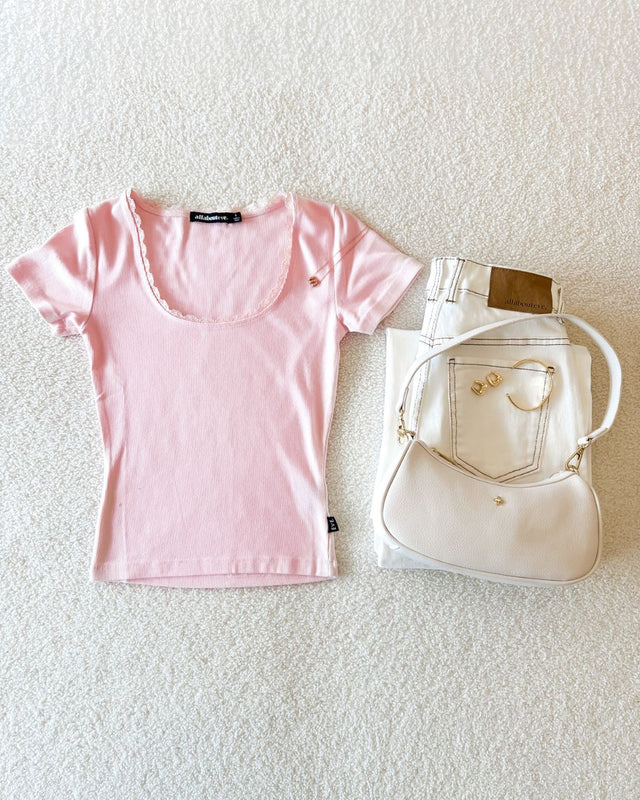 Washed Rib Lace Scoop Neck Tee Pale Pink