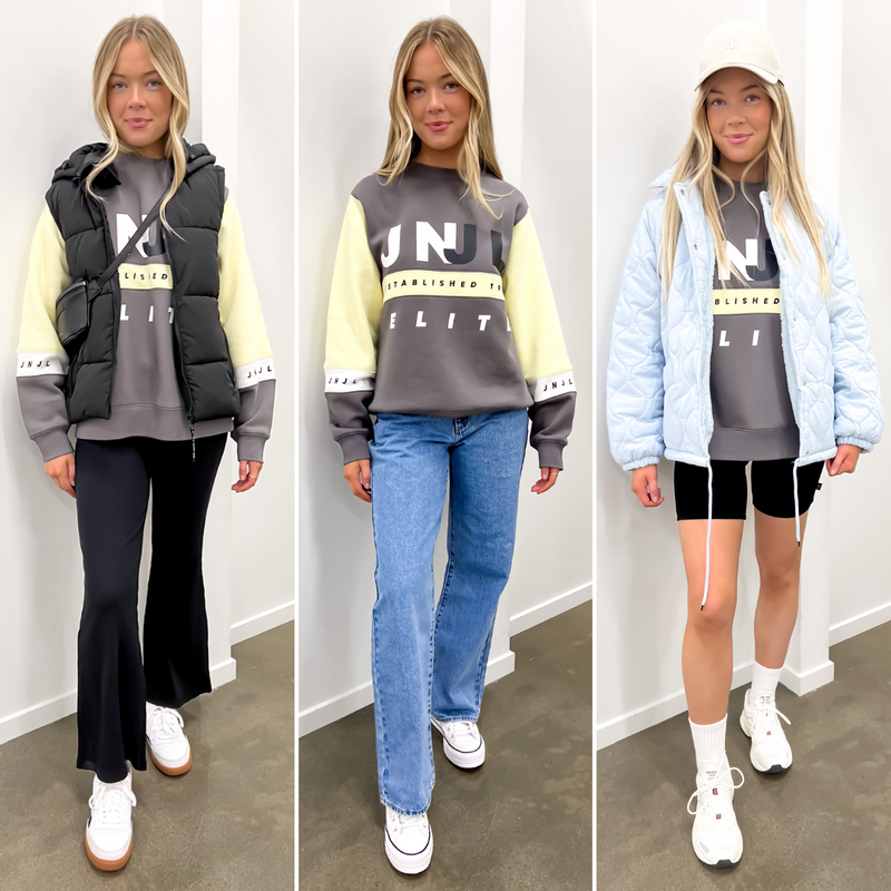 The Colton Panelled Sport Crew Charcoal Styled Three Ways.