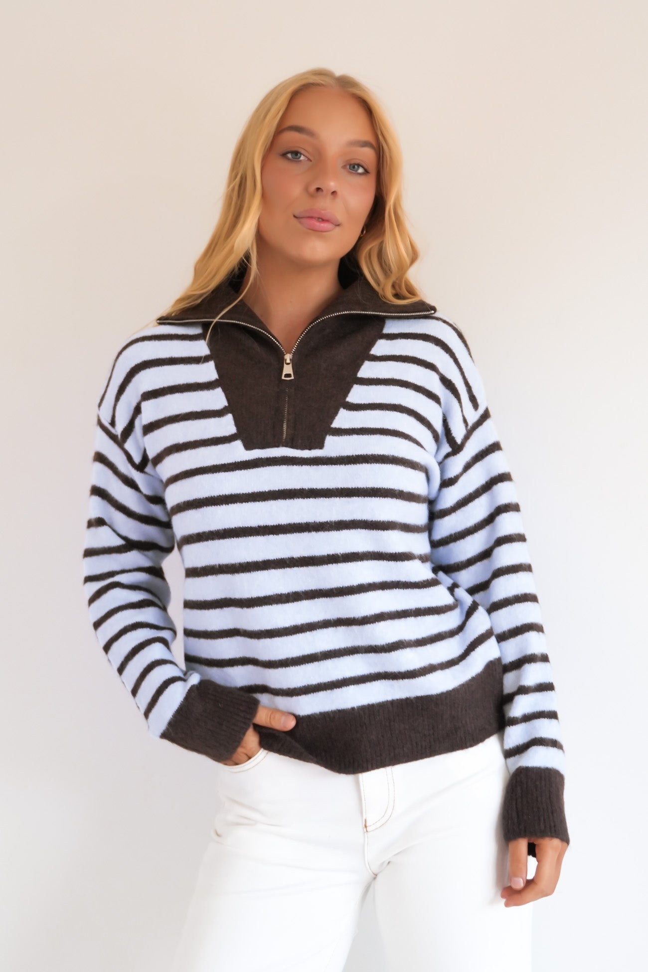 Alden 1/4 Zip Knit Jumper Blue Stripe