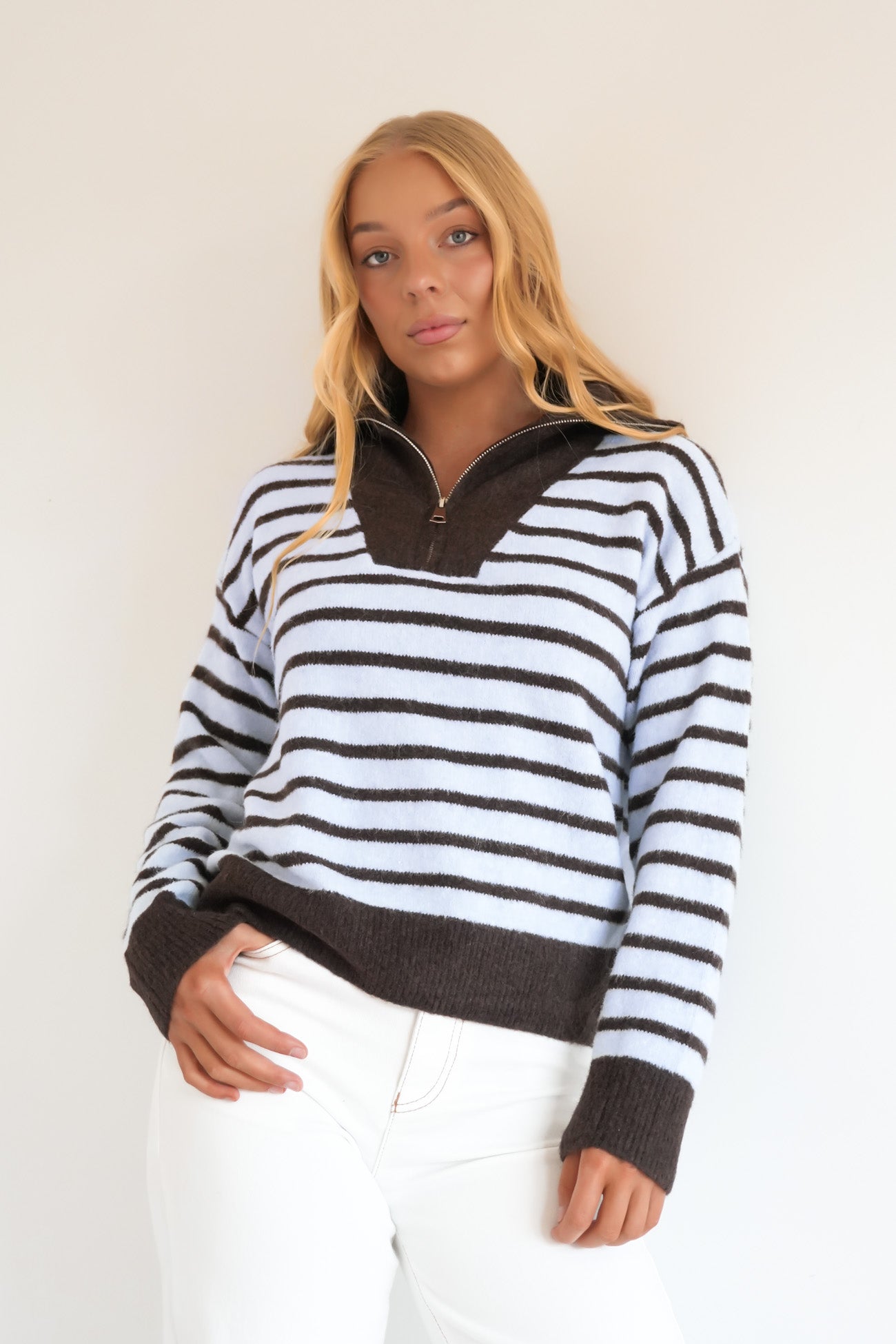 Alden 1/4 Zip Knit Jumper Blue Stripe