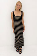 Alora Knit Maxi Dress Beige Black Stripe