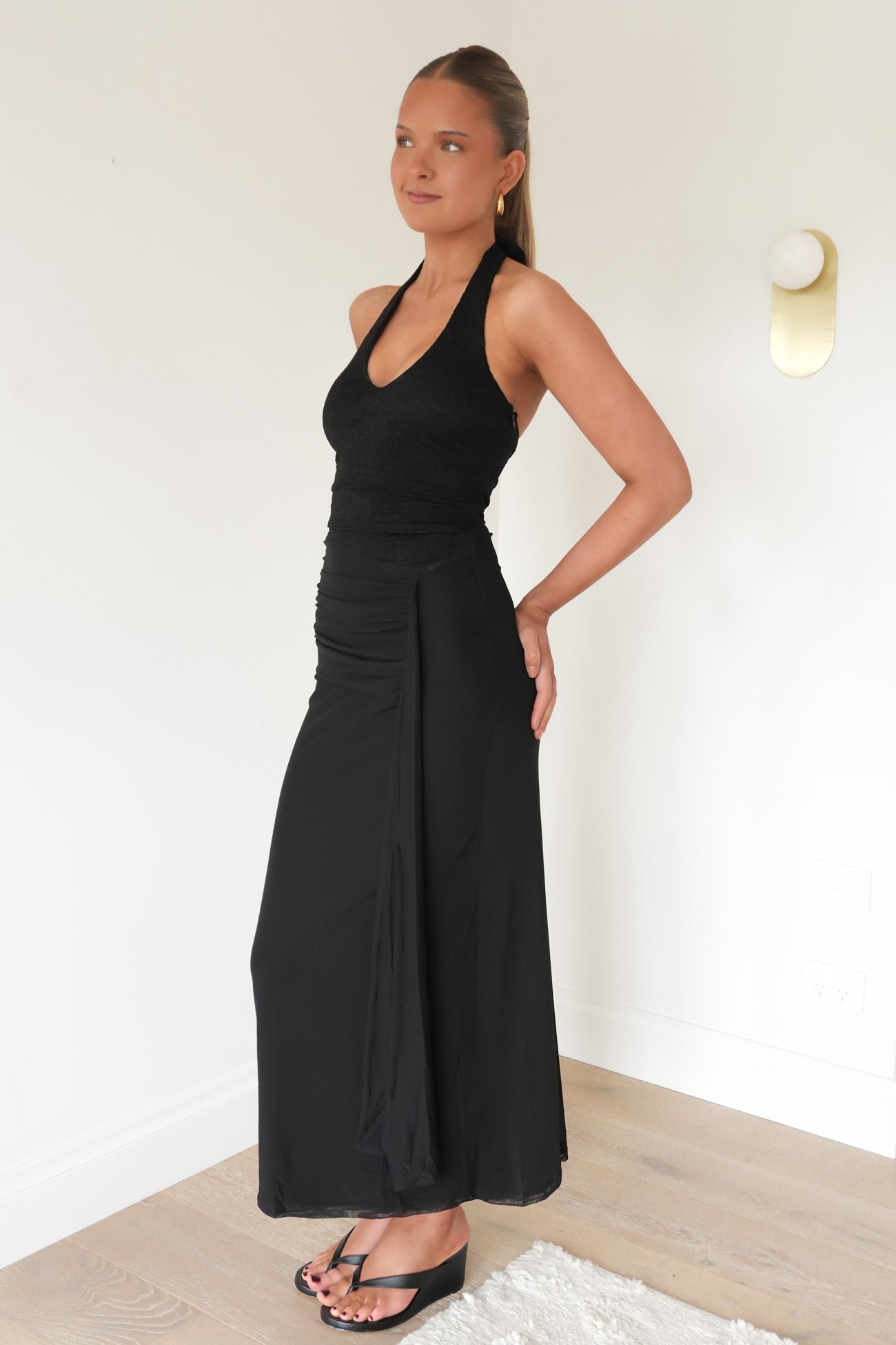 Alya Lace Halter Midi Dress Black