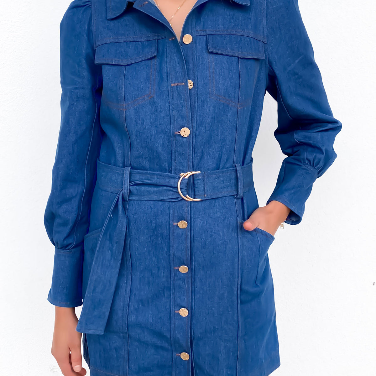 white christmas dresses Amelia Denim Mini Dress Mid Blue
