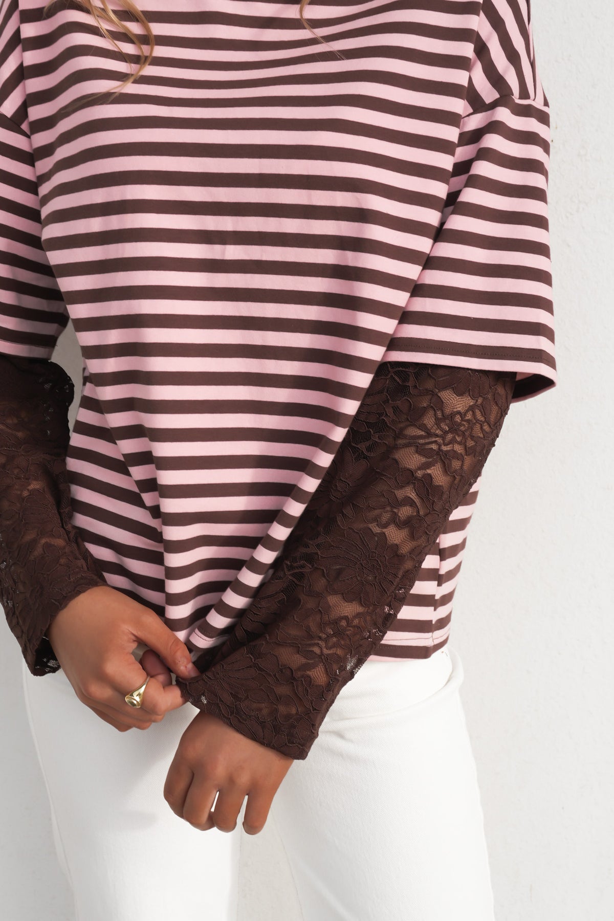 Amelia Lace Long Sleeve Tee Chocolate Pink Stripe