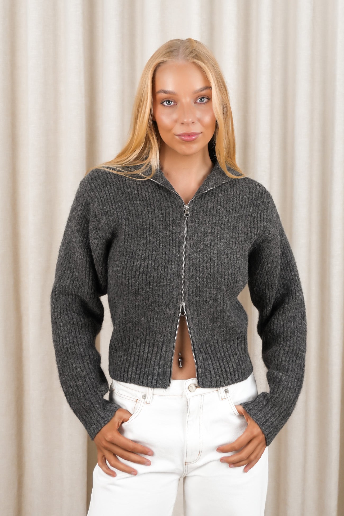 Annalise Zip Thru Knit Charcoal