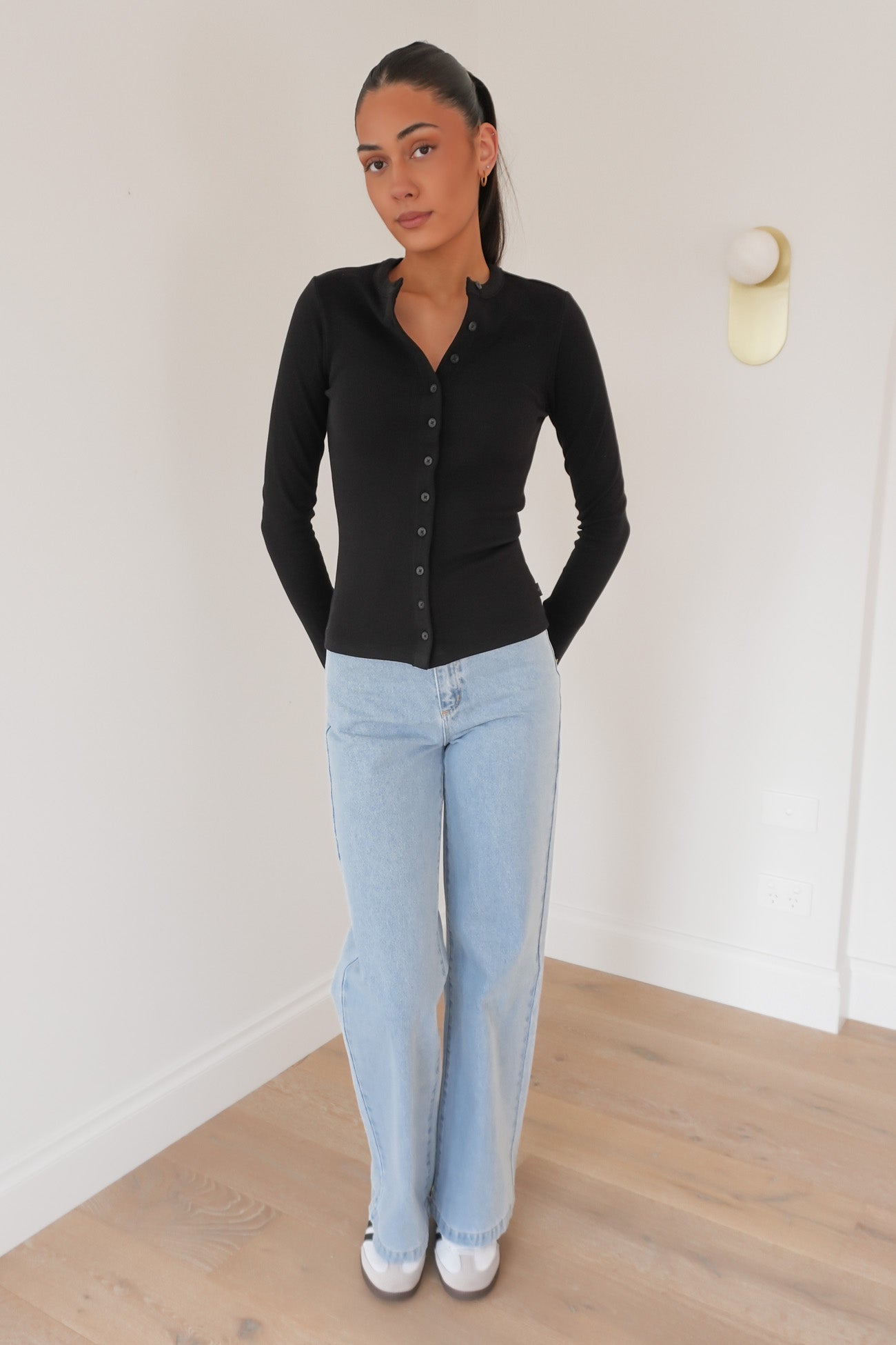 Button Up Long Sleeve Tee Black