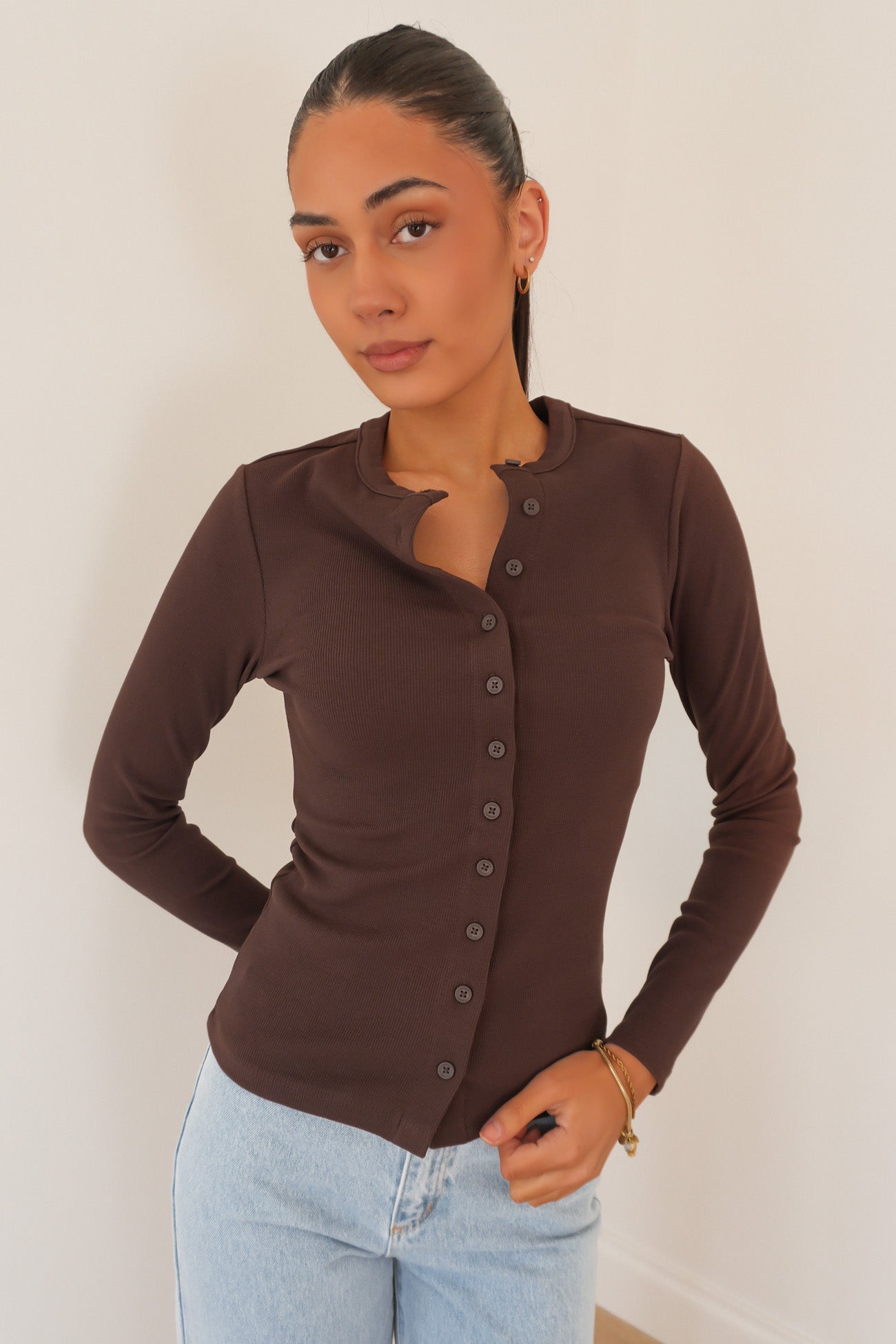 Button Up Long Sleeve Tee Chocolate