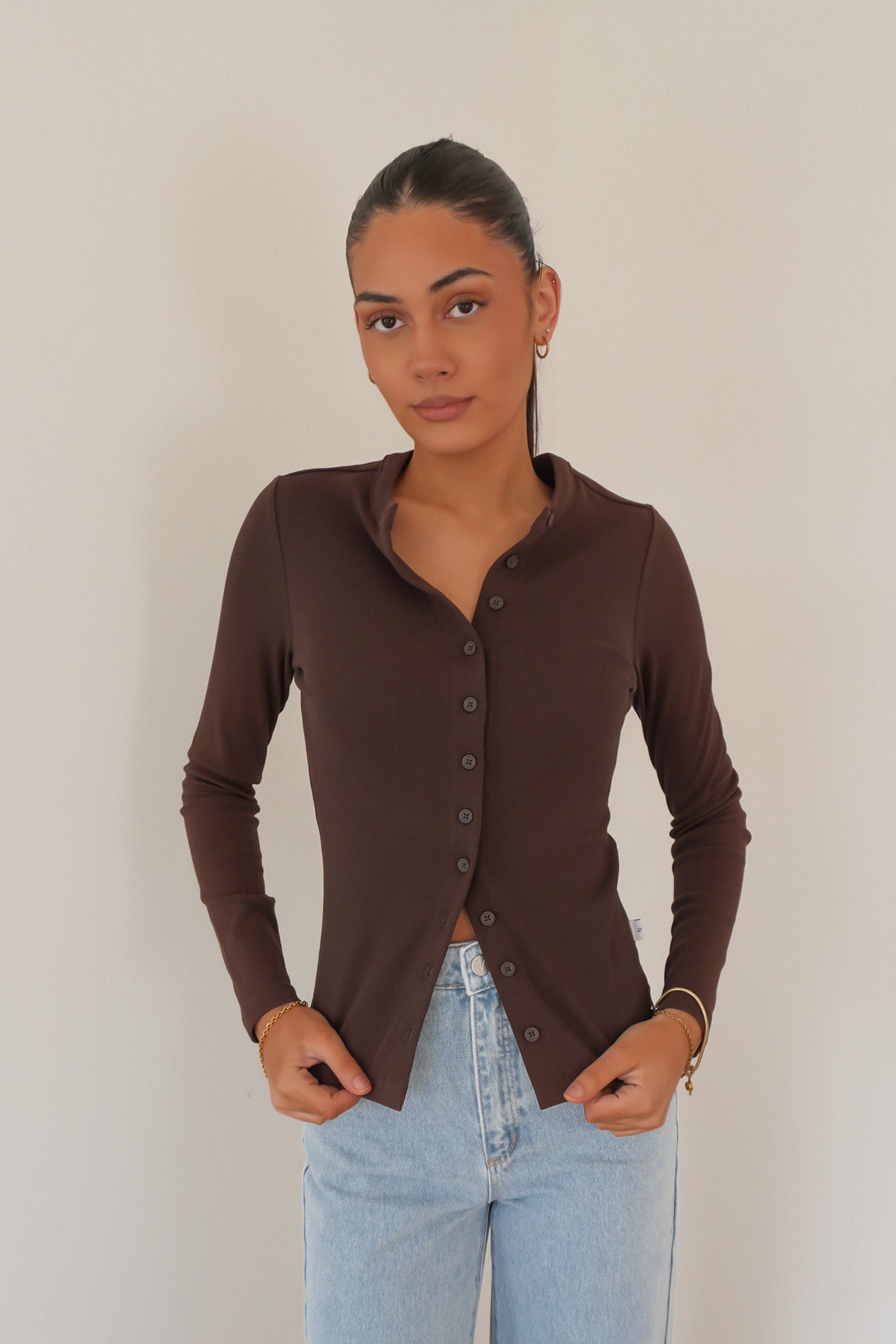 Button Up Long Sleeve Tee Chocolate