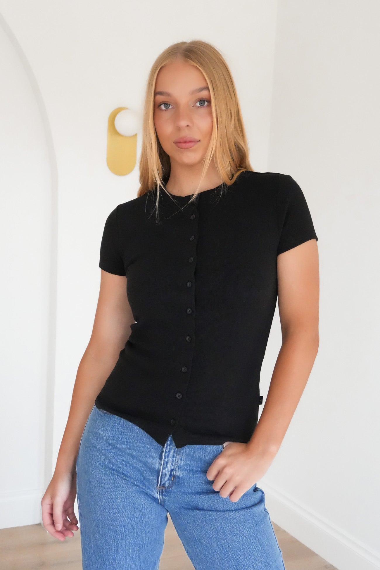 Button Up Short Sleeve Tee Black