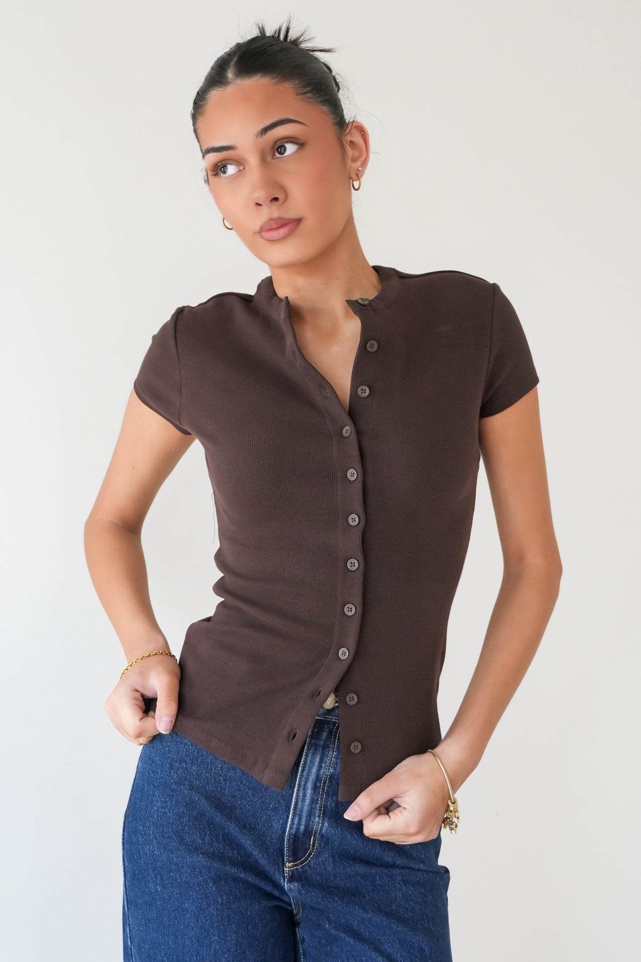 Button Up Short Sleeve Tee Chocolate