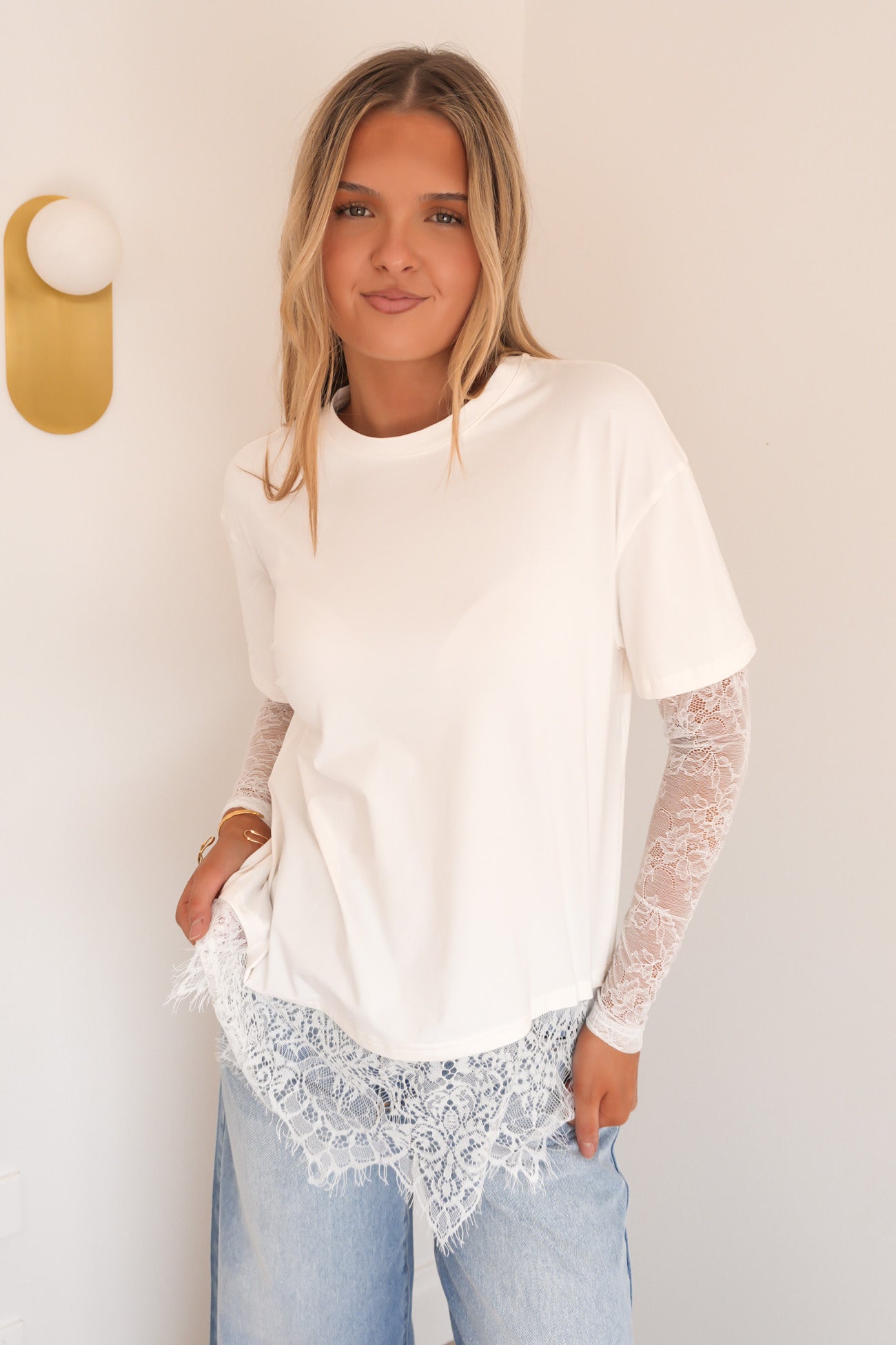 Carla Lace Long Sleeve Tee White