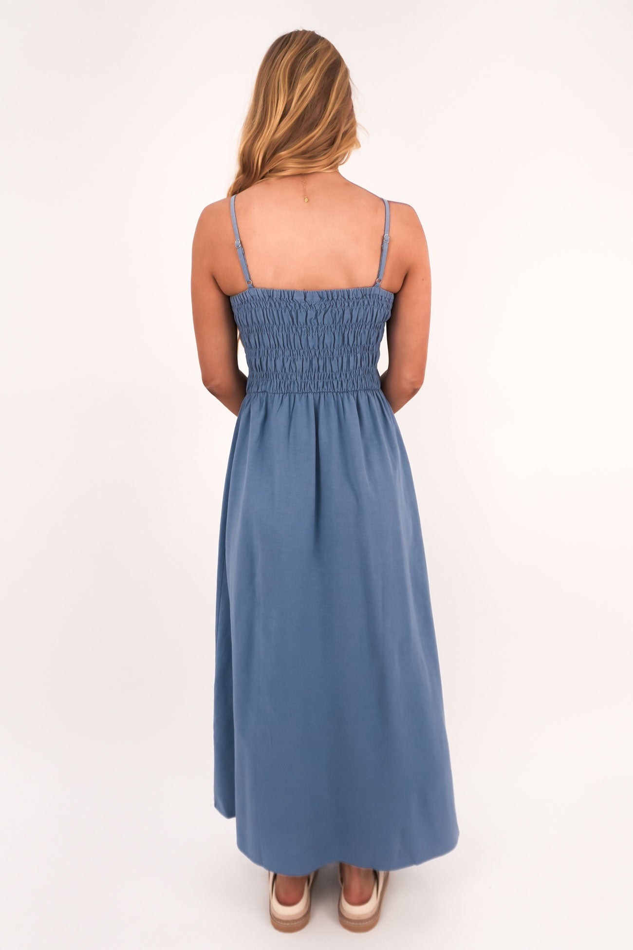 Classic Shirred Midi Dress Steel Blue