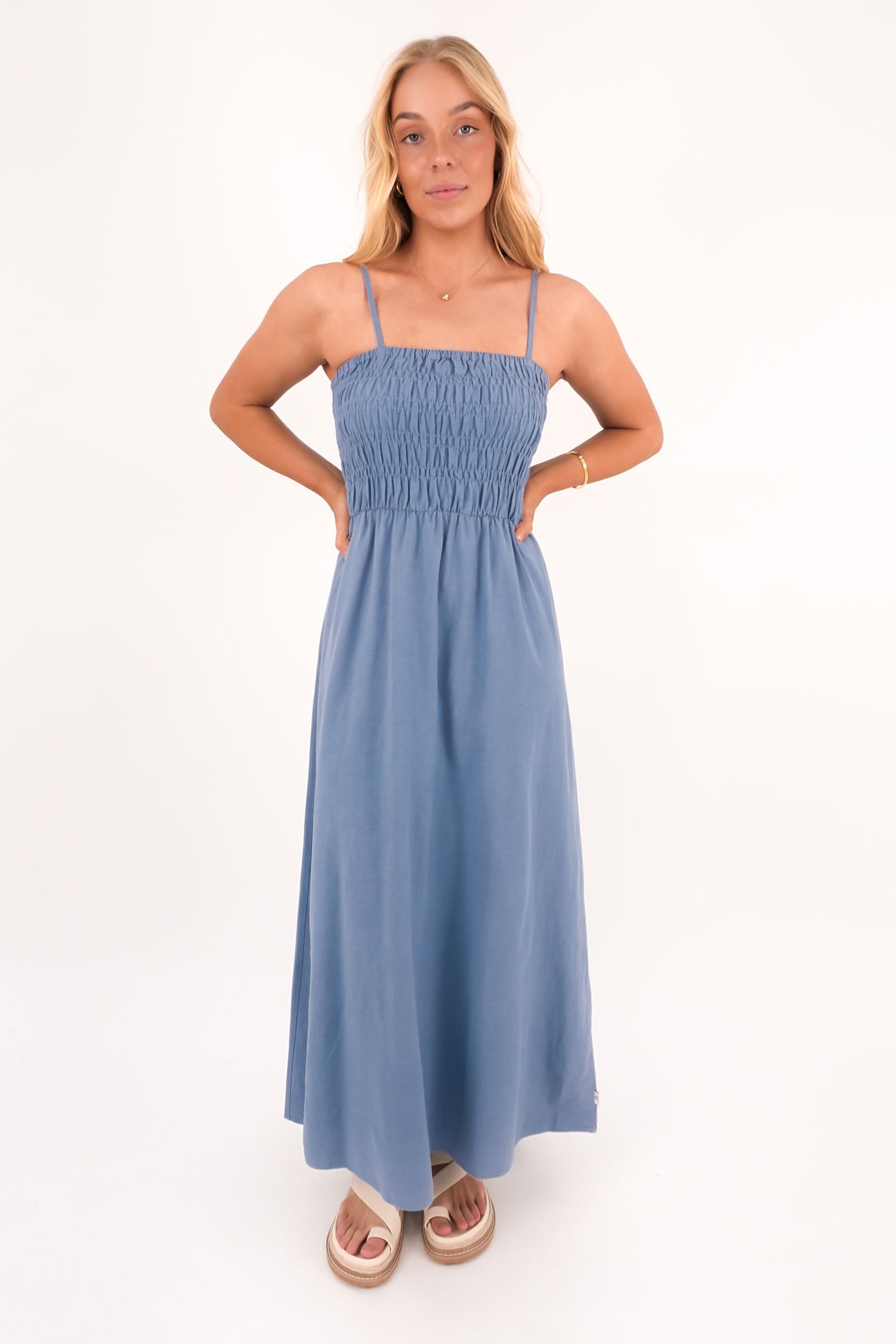 Classic Shirred Midi Dress Steel Blue