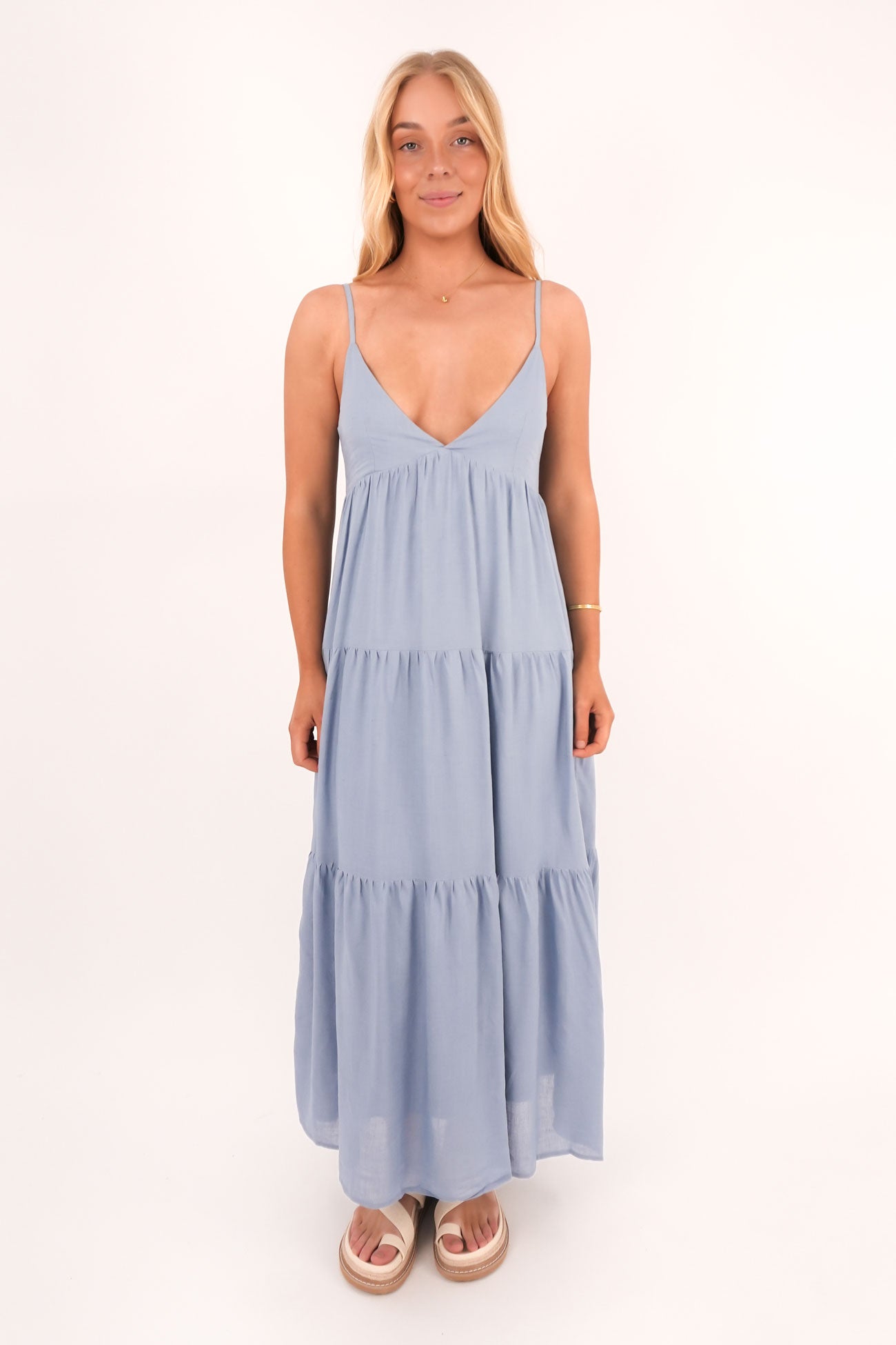 Classic Tiered Midi Dress Steel Blue