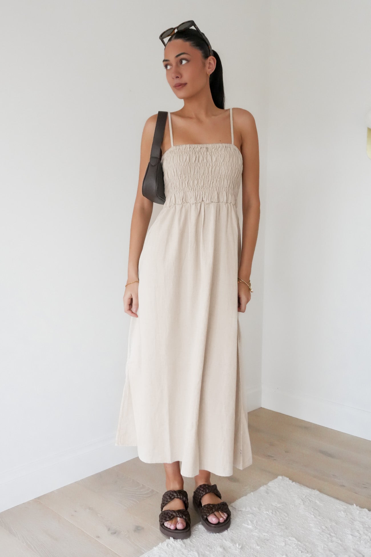 Classic Shirred Midi Dress Oat