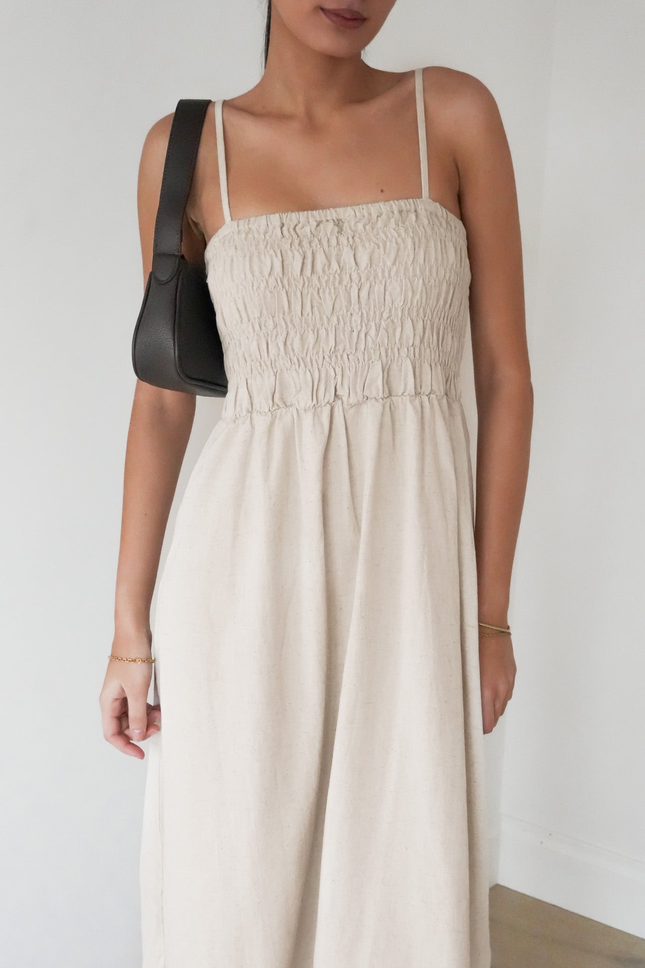 Classic Shirred Midi Dress Oat