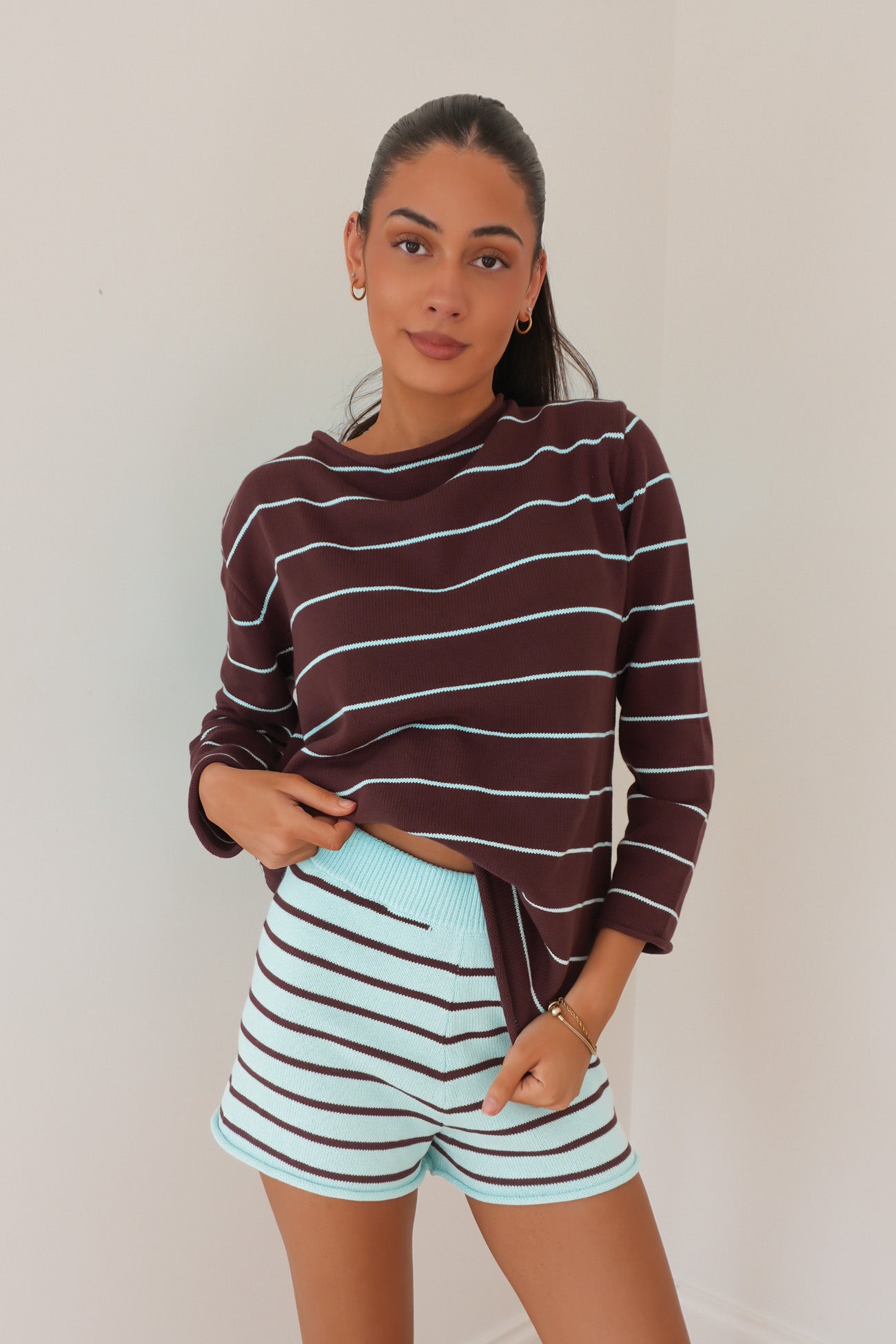 Danney Knit Jumper Chocolate Aqua Stripe