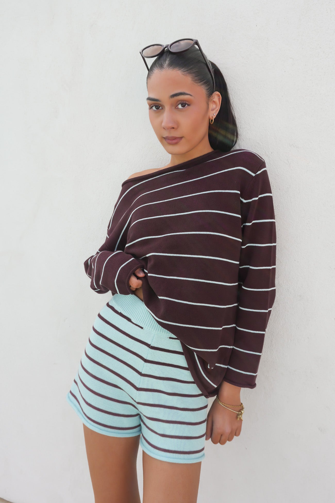 Danney Knit Jumper Chocolate Aqua Stripe
