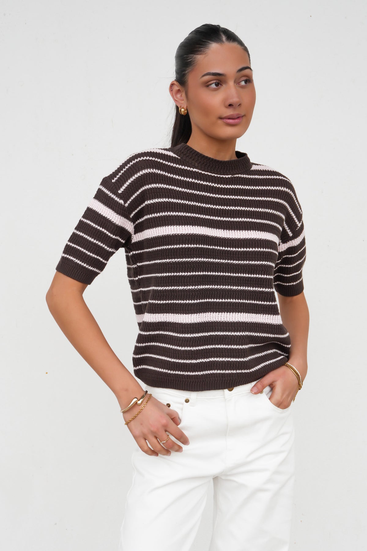 Dylan Knit Tee Chocolate Pink Stripe