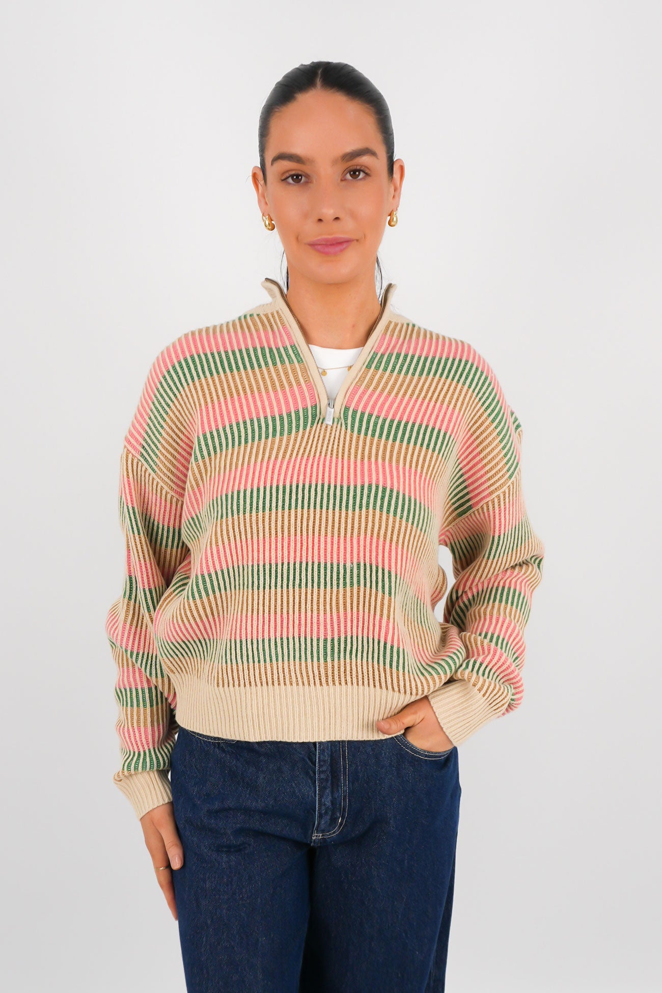 Estelle Quarter Zip Striped Knit Guava