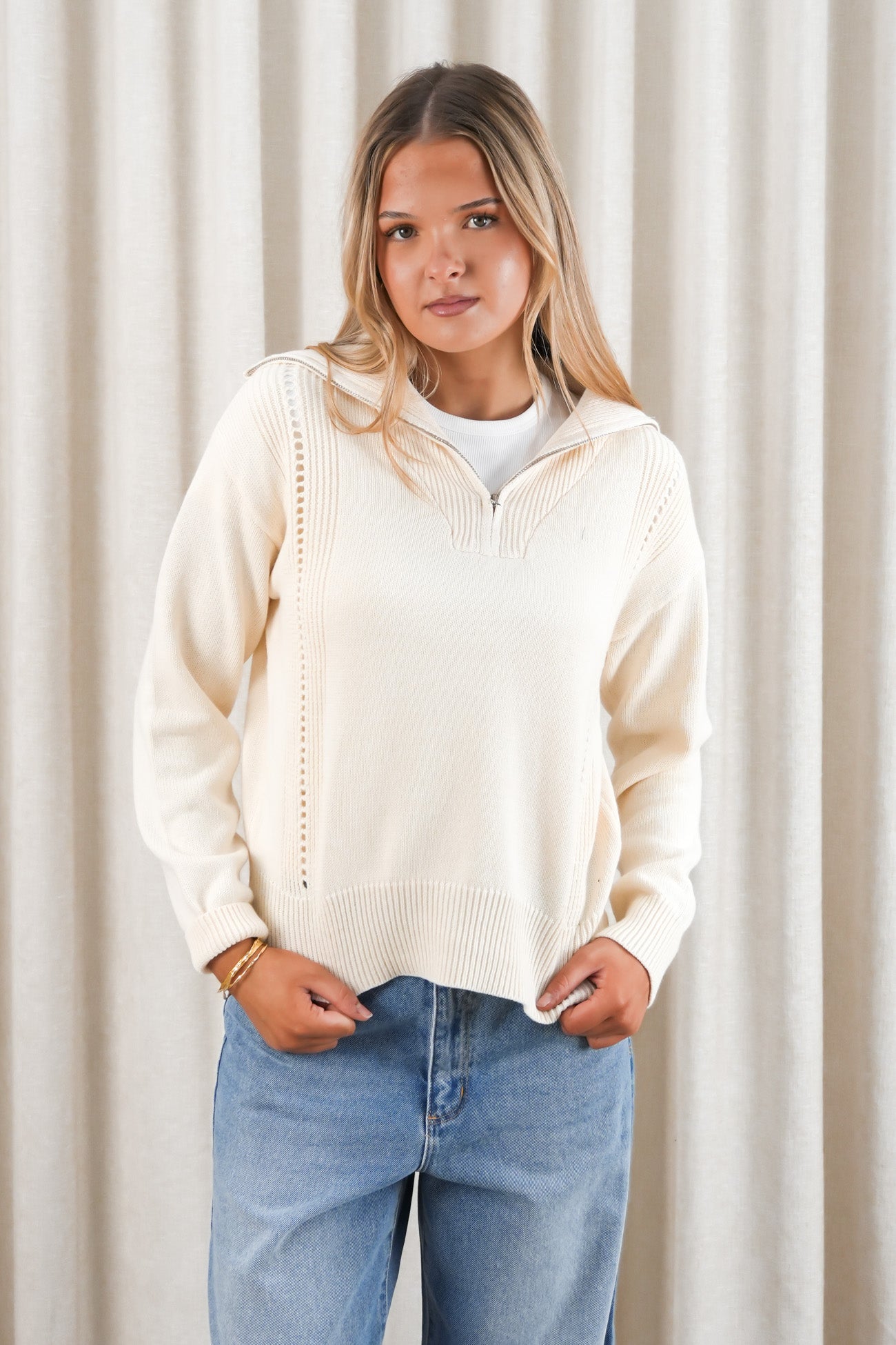 Esti Pointelle Zip Up Knit Cream