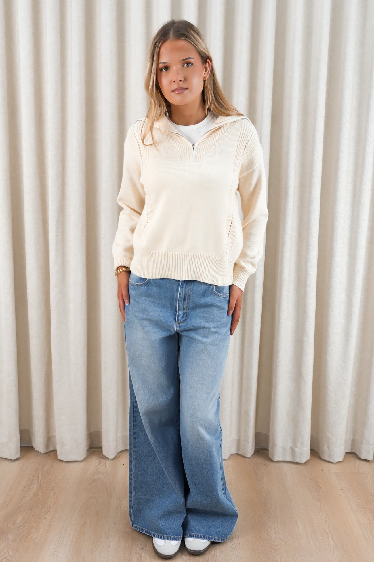 Esti Pointelle Zip Up Knit Cream