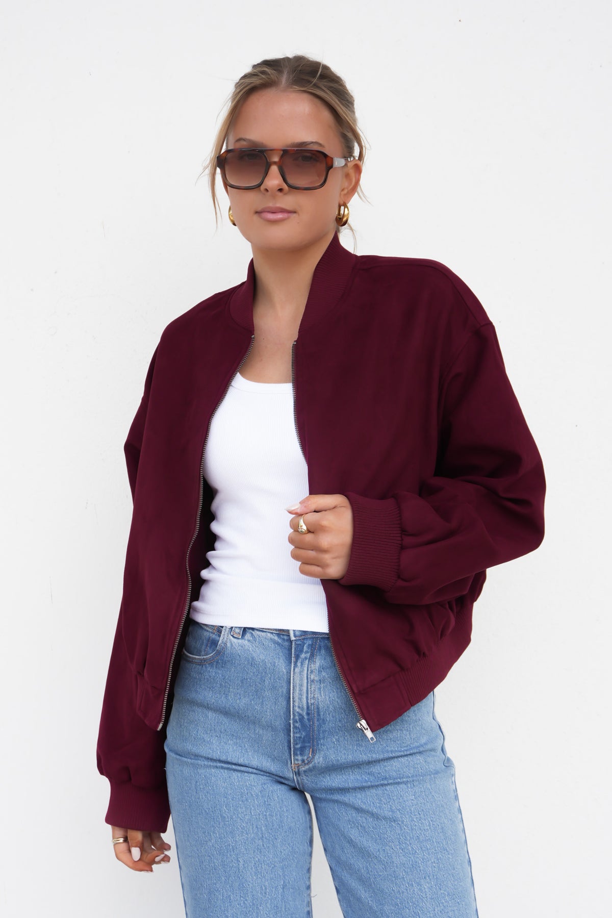 Evie Suede Bomber Burgundy
