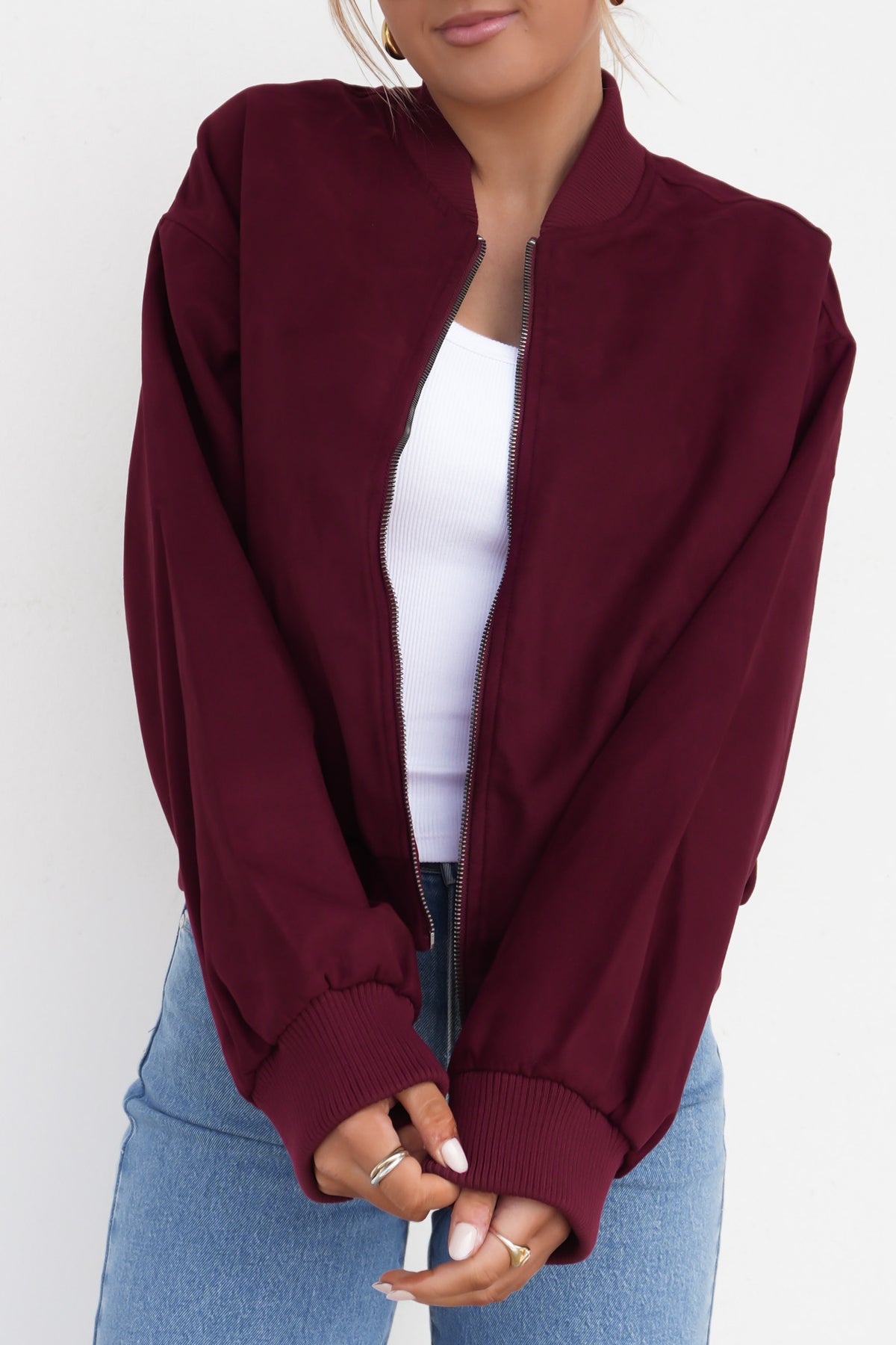 Evie Suede Bomber Burgundy