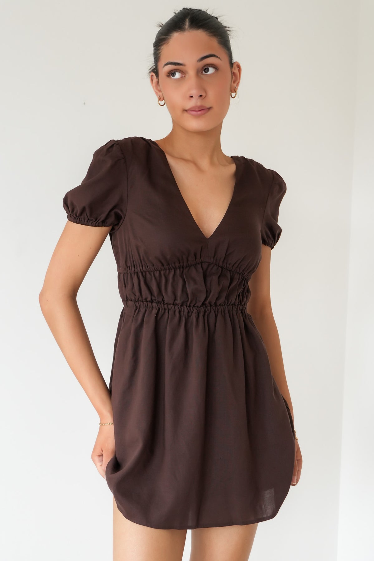 Fern Linen Short Sleeve Dress Brown
