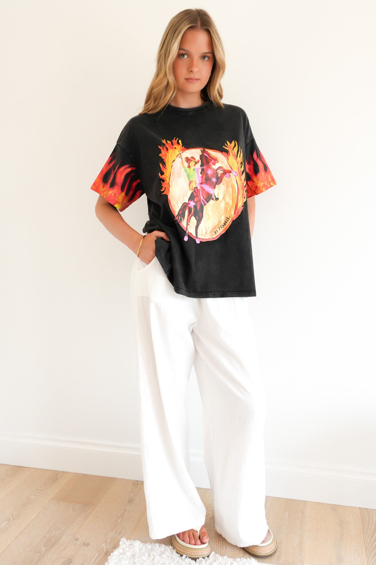 Flames Tee Black Acid Wash