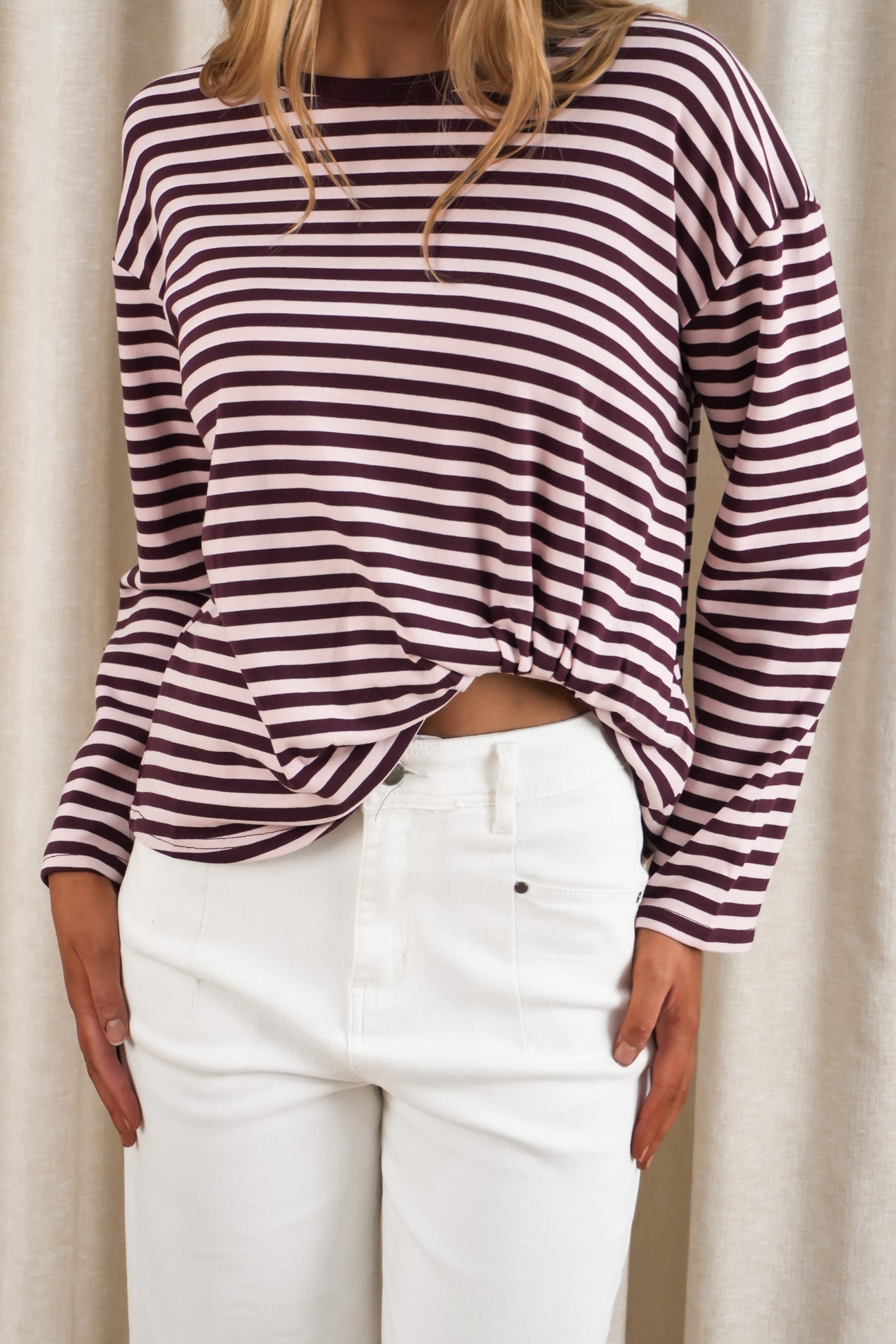 Franco Stripe Long Sleeve Tee Blush Burgundy
