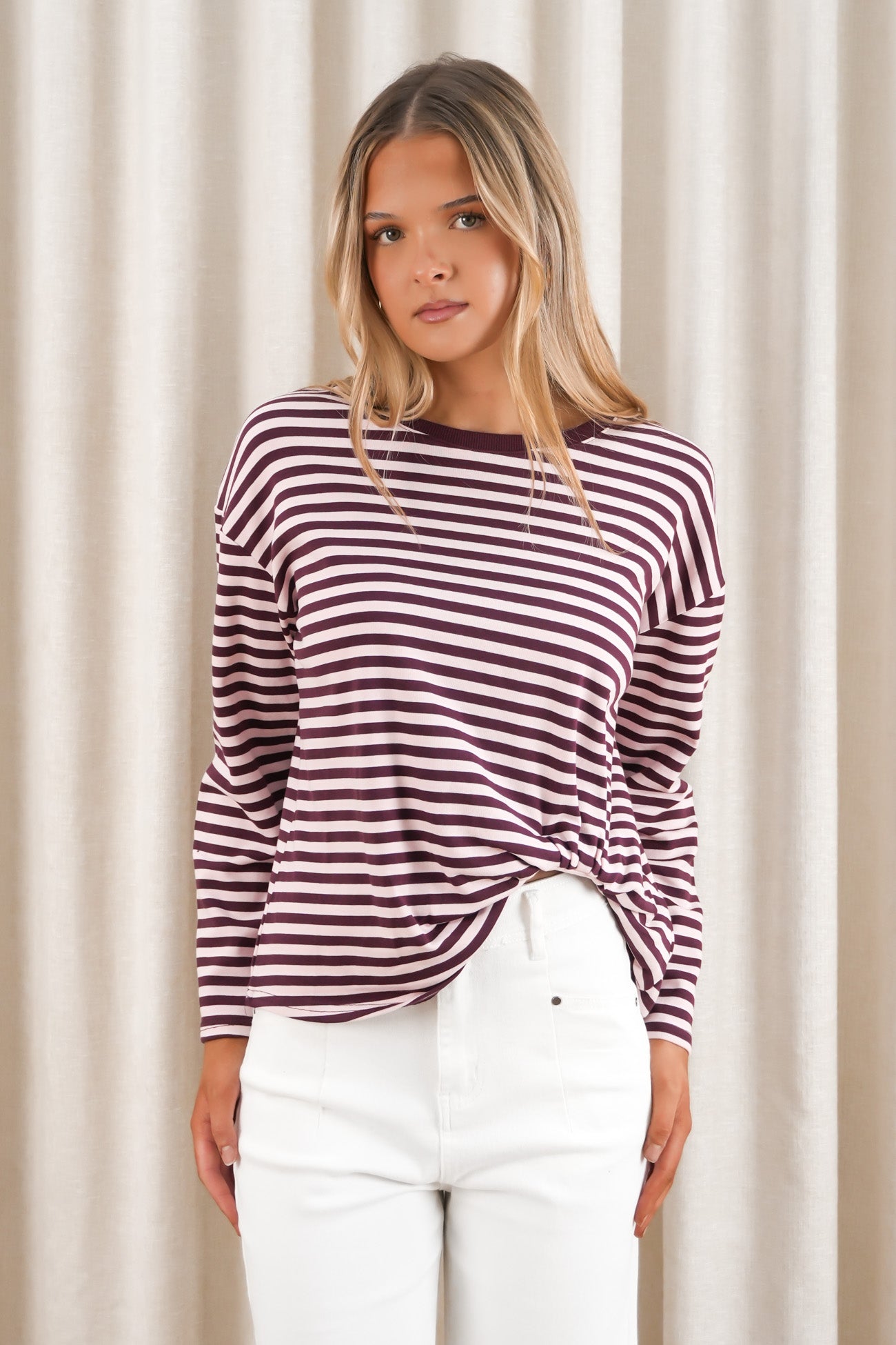 Franco Stripe Long Sleeve Tee Blush Burgundy