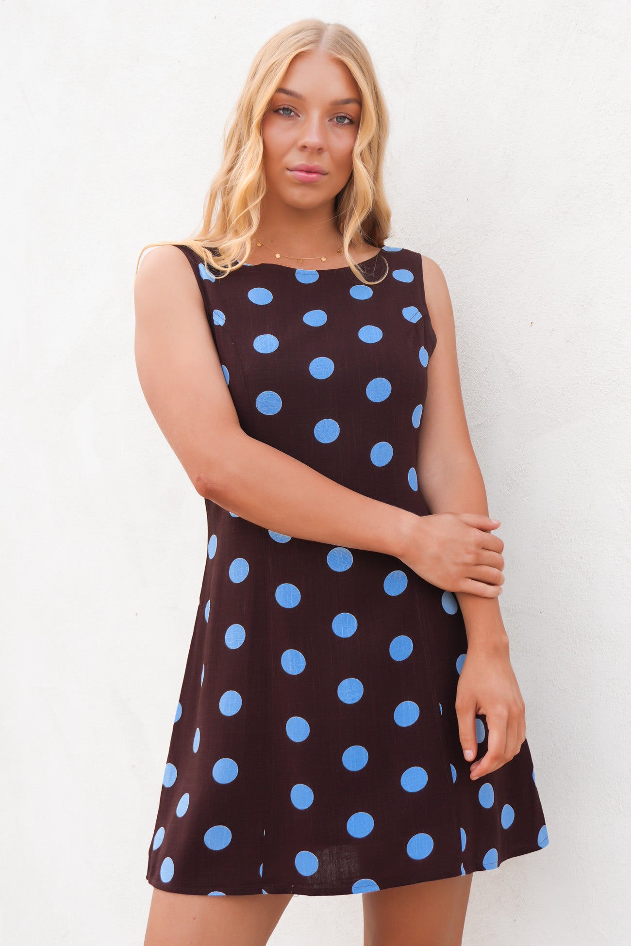 Gwen Mini Dress Chocolate Blue Polka Dot