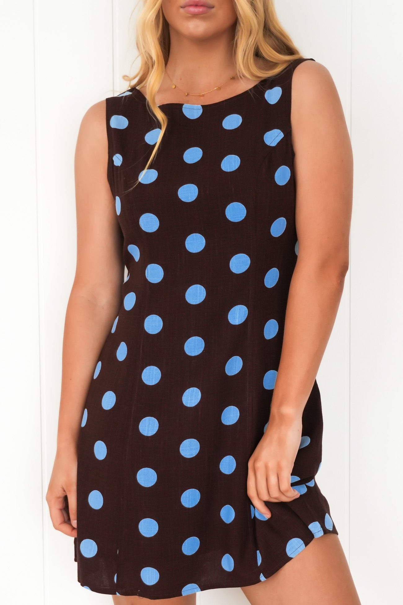 Gwen Mini Dress Chocolate Blue Polka Dot