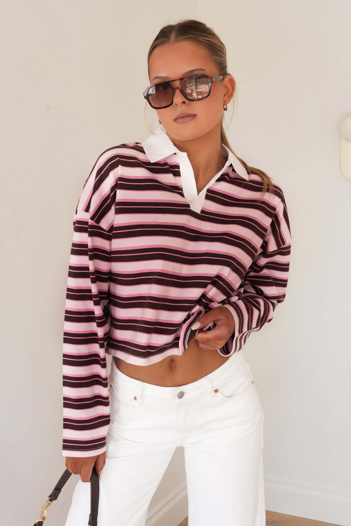Harri Stripe Long Sleeve Rugby Top Pale Pink