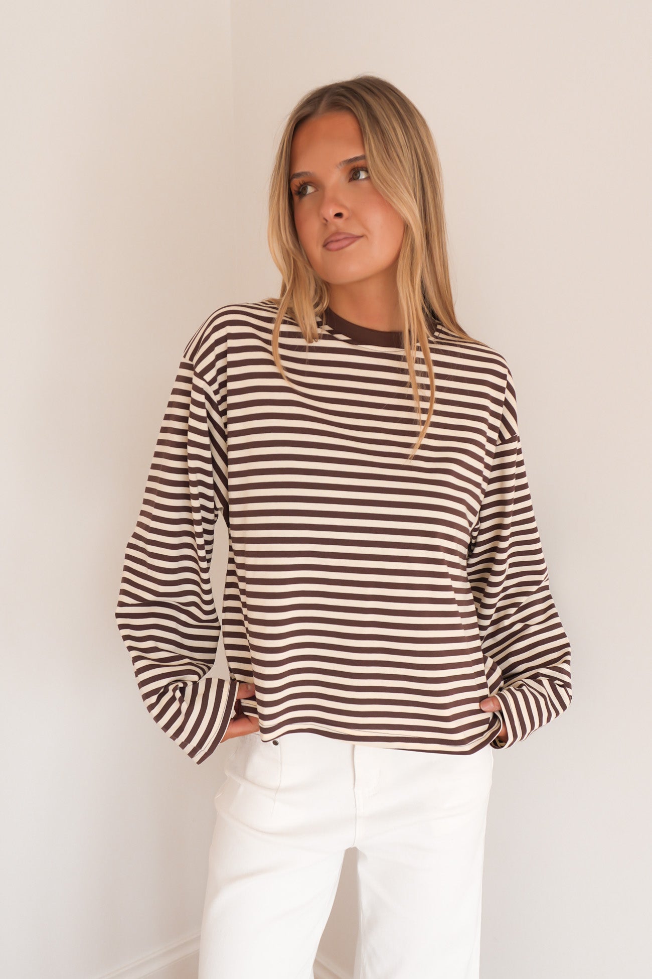 Haylee Long Sleeve Stripe Tee Chocolate