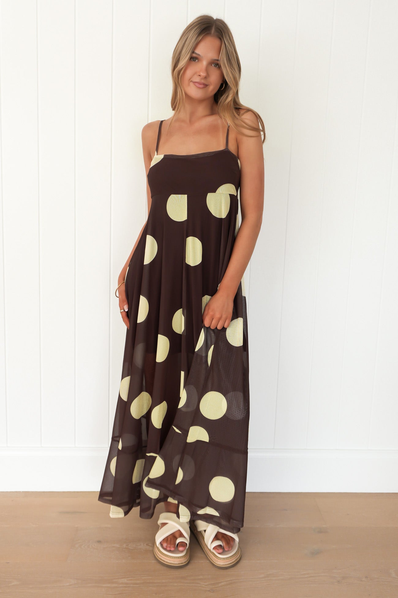 Jeane Maxi Dress Chocolate Yellow Polka Dot