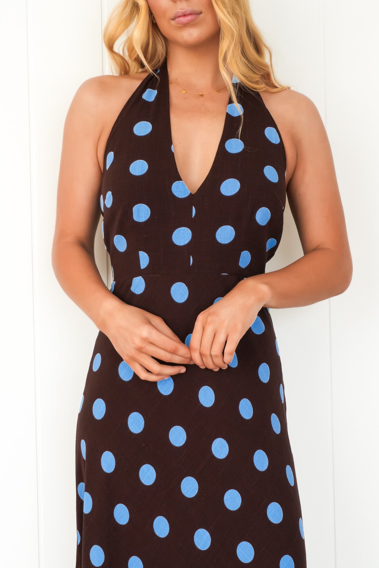 Jen Maxi Dress Chocolate Blue Polka Dot