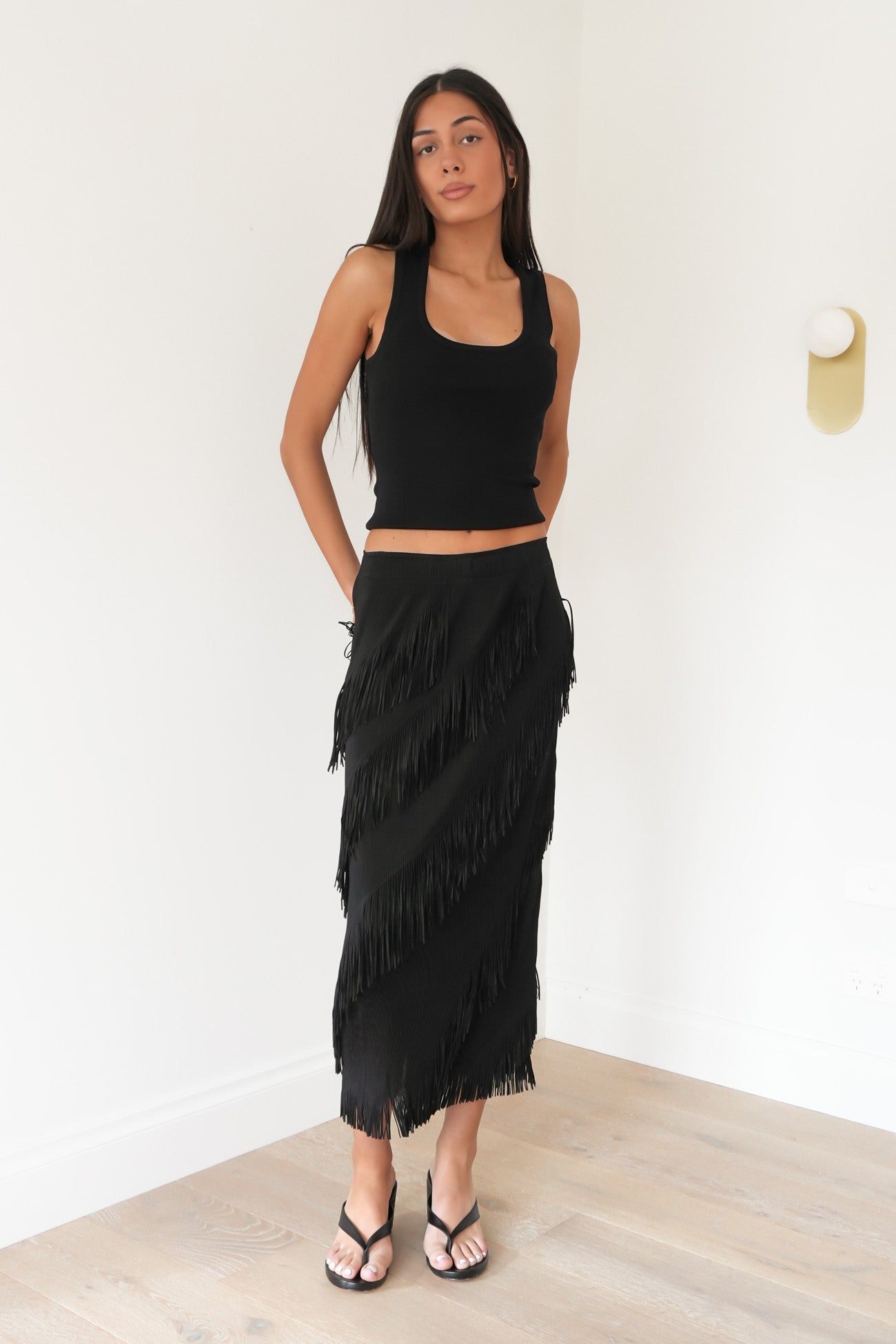 Keely Fringe Midi Skirt Black