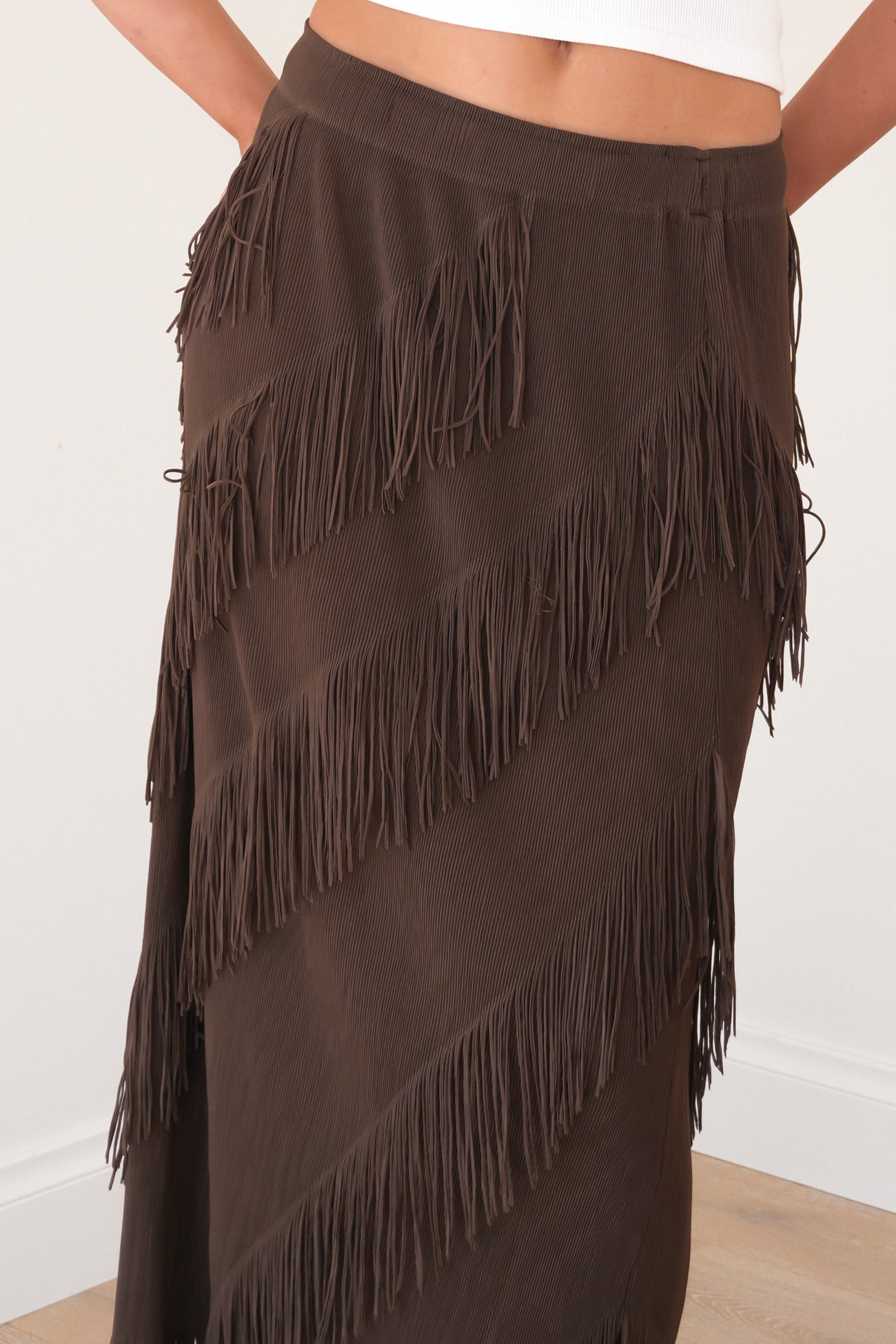 Keely Fringe Midi Skirt Chocolate