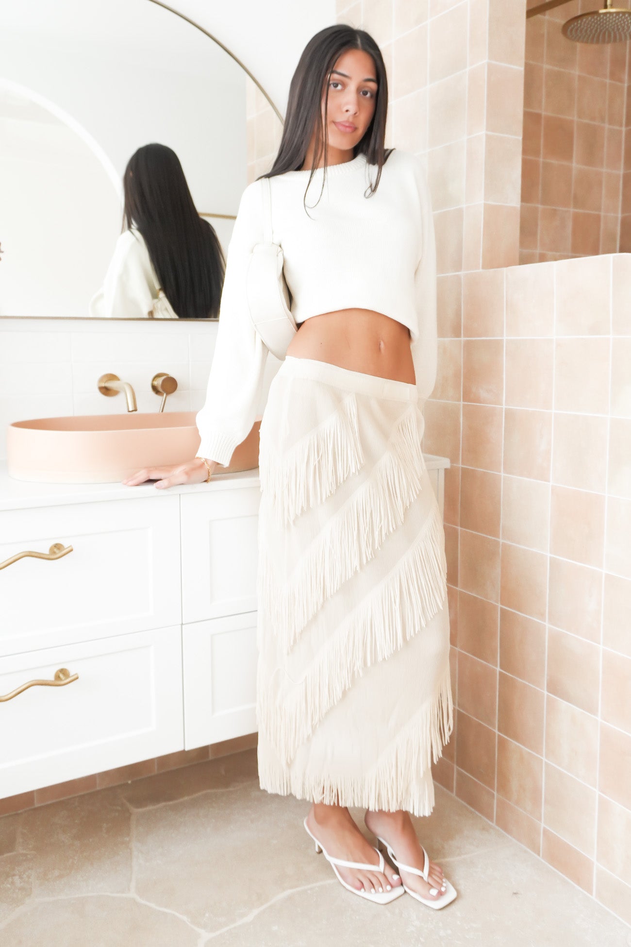Keely Fringe Midi Skirt Ivory