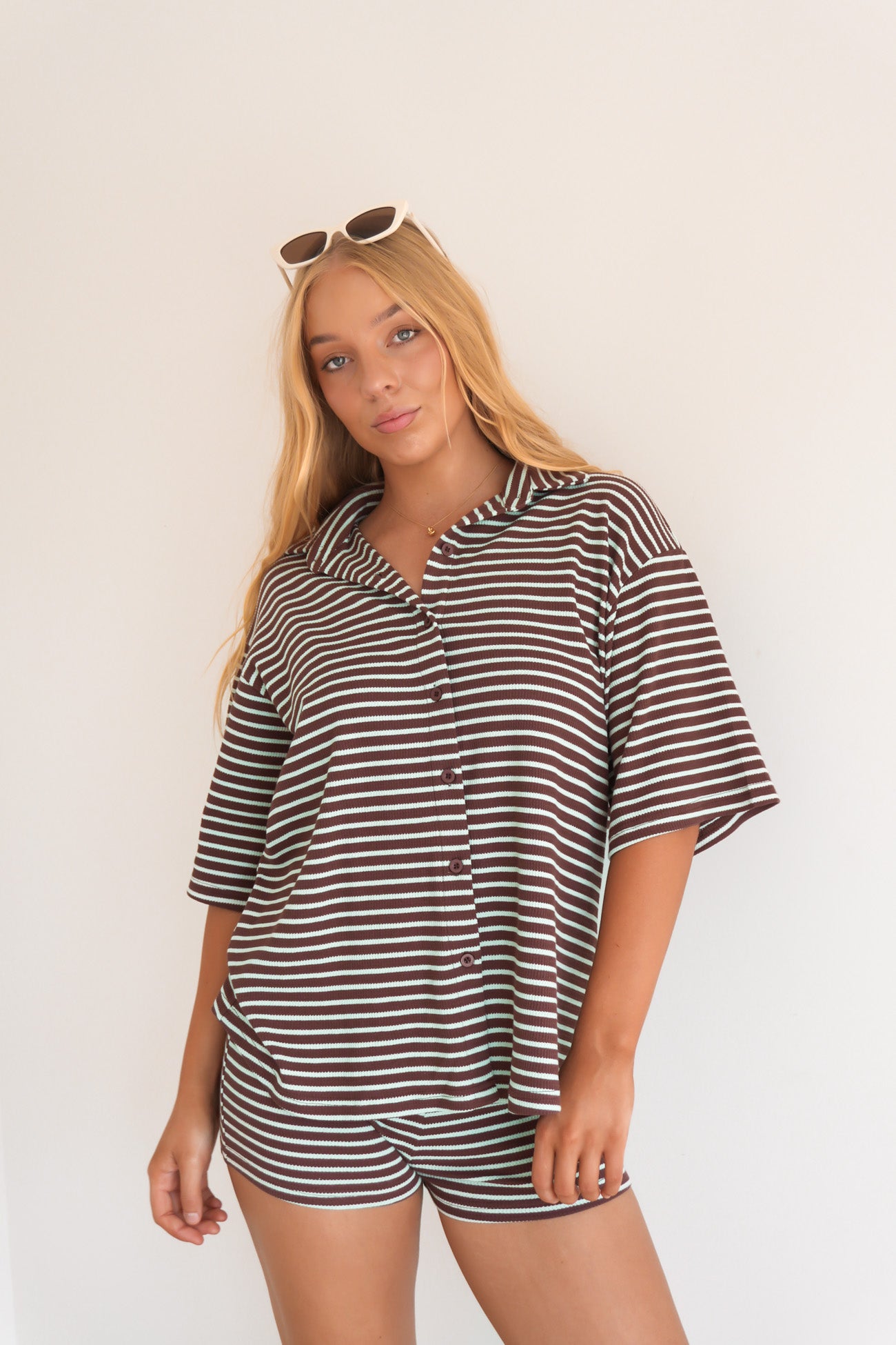 Kelcie Ribbed Set Chocolate Blue Stripe