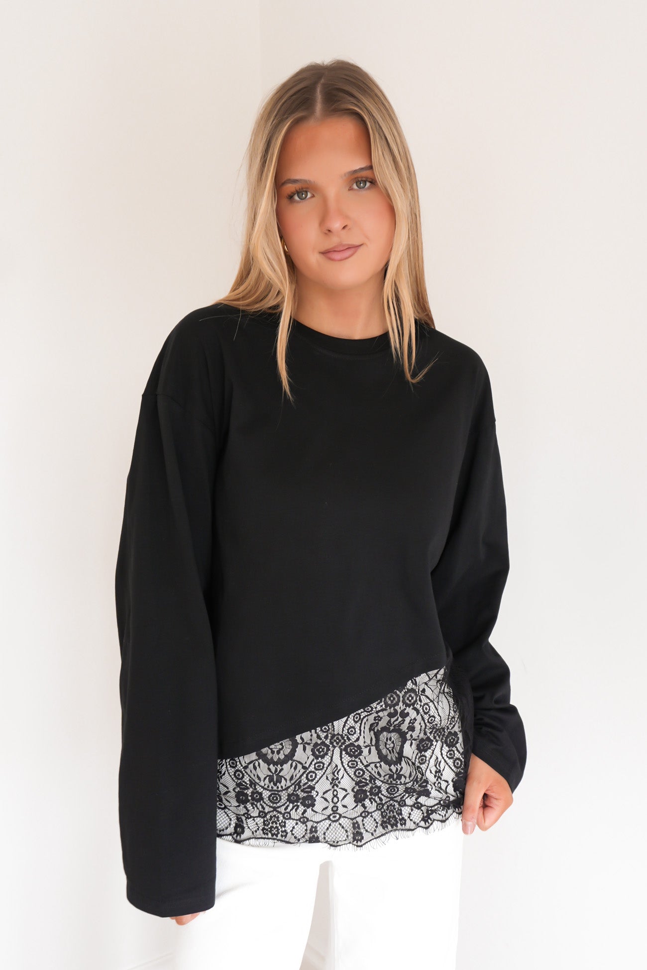 Kiari Lace Long Sleeve Tee Black