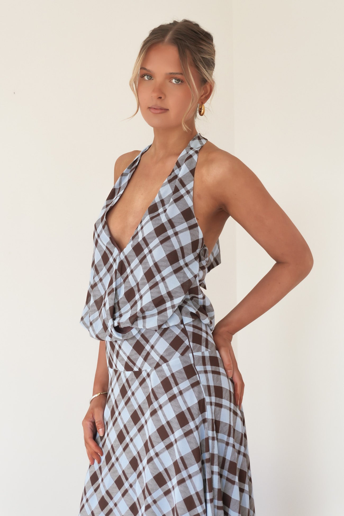 Kiera Halter Maxi Dress Chocolate Blue Check