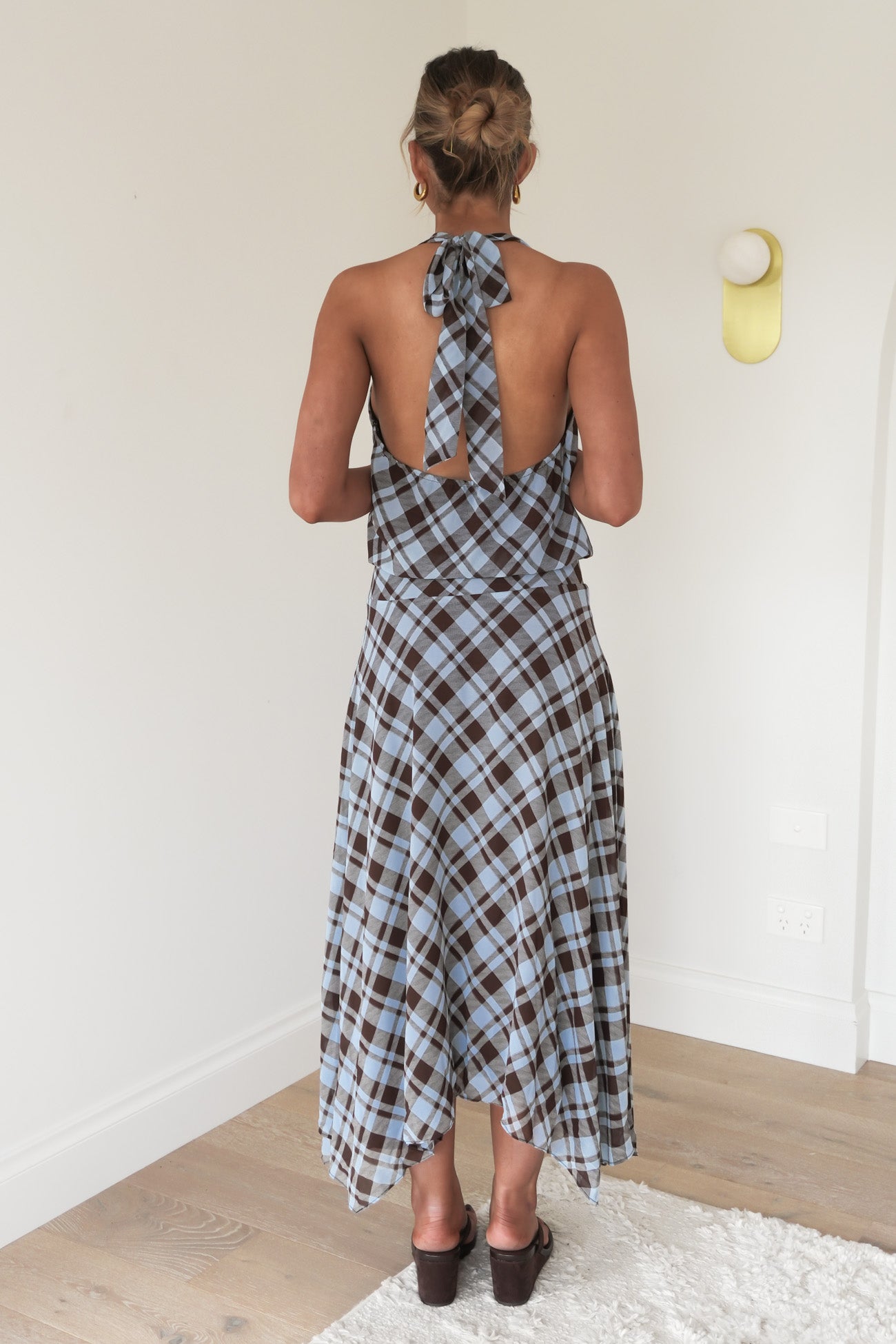 Kiera Halter Maxi Dress Chocolate Blue Check