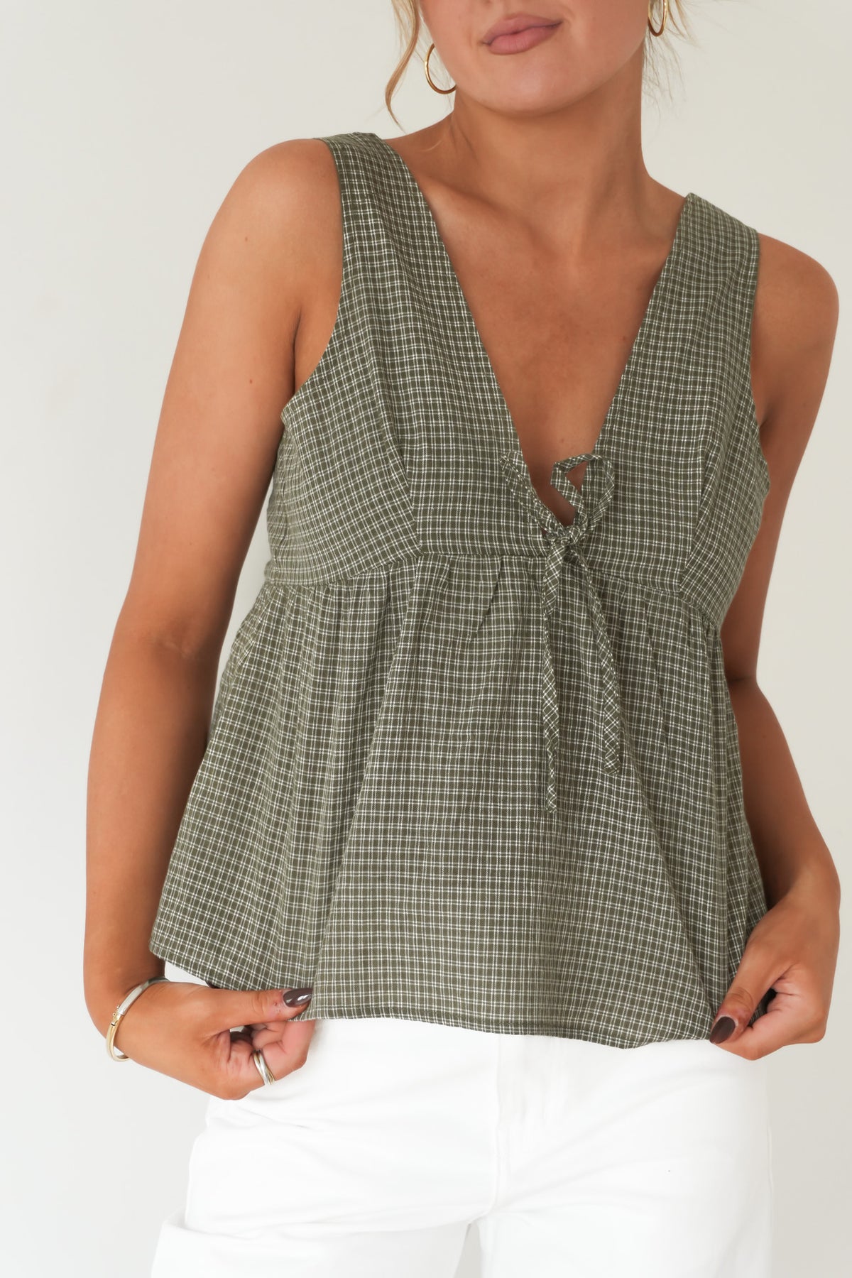 Lenni Check Babydoll Top Olive